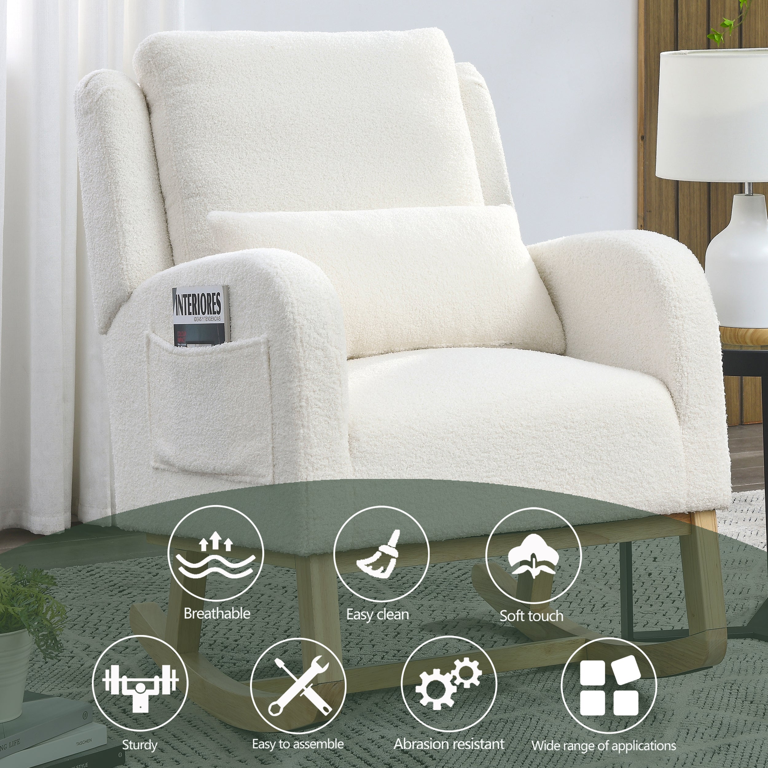 HAOYYE 27.5 "W Modern Accent High Back Living Room Casual Armchair Rocker with One Lumbar Pillow, Two Side Pockets,Teddy White (Ivory) Sturdy Space-Saving Heavy Duty Modern Design Adults