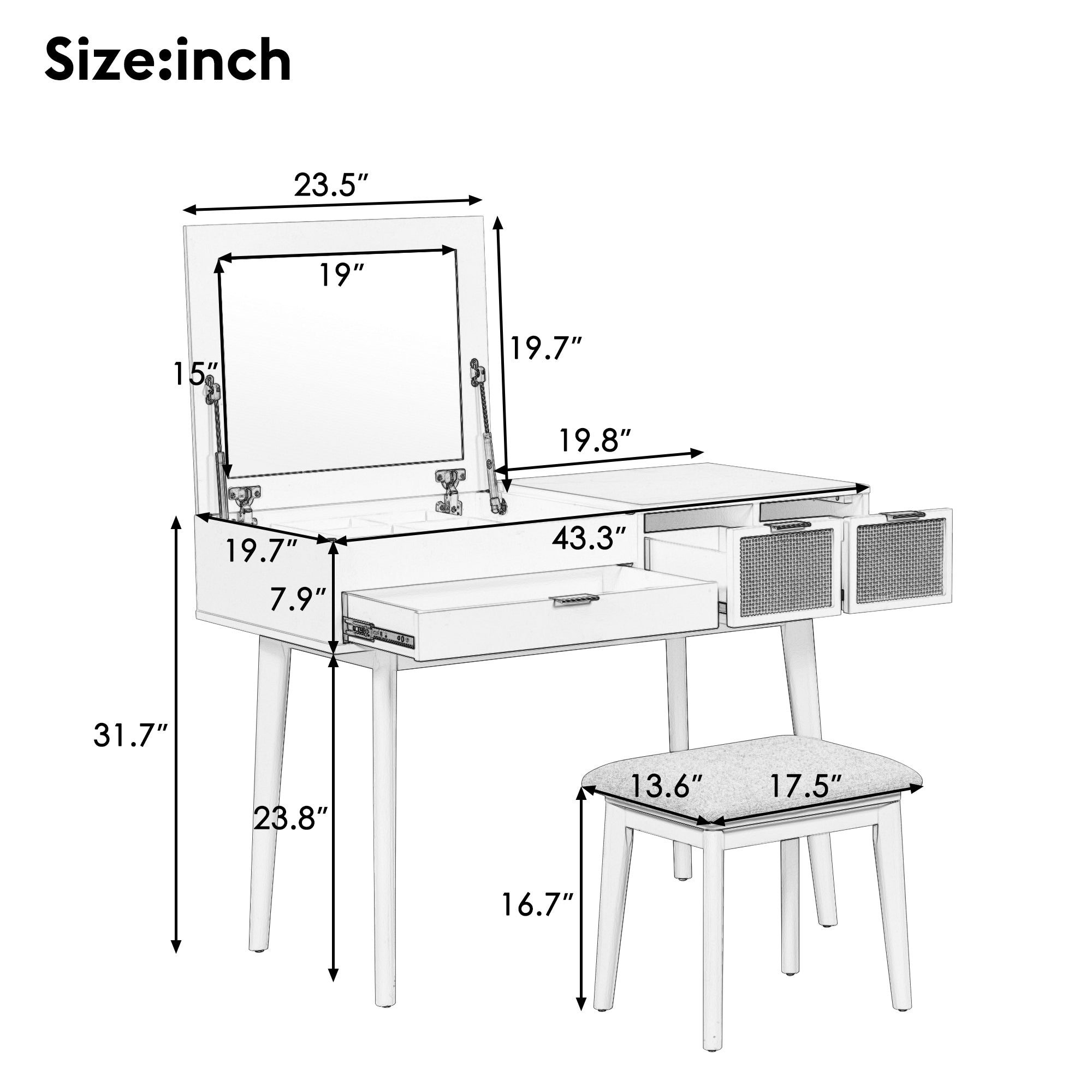 HAOYYE Classic Wood Makeup Vanity Set with Flip-top Mirror and Stool, Dressing Table with Three Drawers and Storage Space, White Modern Design, Luxury Style, Durable Material, Space-saving