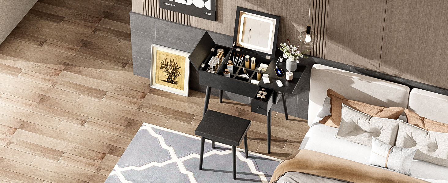 HAOYYE 27.9'' Black Makeup Vanity Desk with Flip Top Mirror and LED Light, Dressing Table with Charging Station, 2 Drawers and Fold-up Panel, Vanity Set with Cushioned Stool for Bedroom