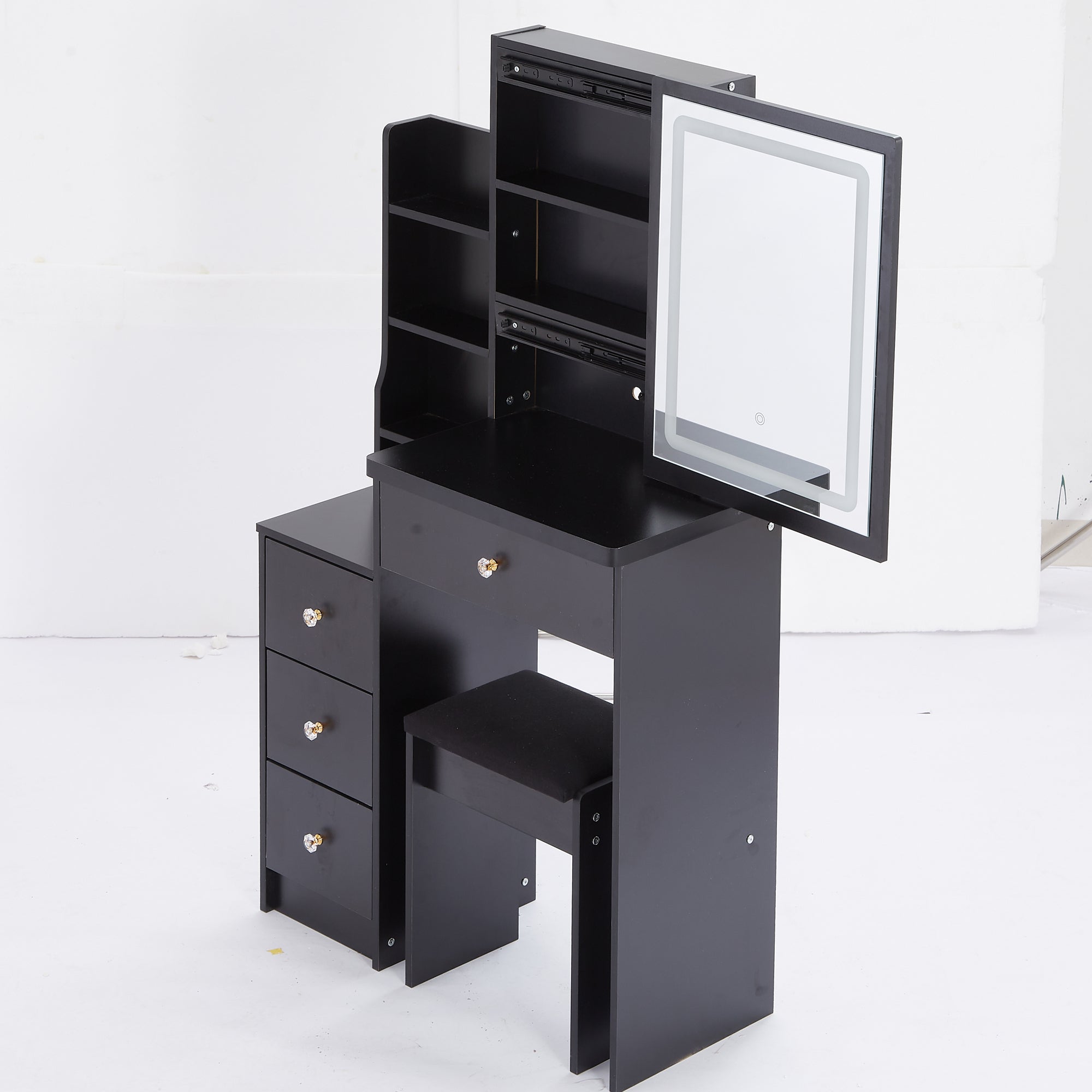 HAOYYE Small Size Left Bedside Cabinet Vanity Table + Cushioned Stool, Touch Control Sliding LED Mirror, Tri-color Switching, Brightness Adjust, Multi Layer, Suitable for Small Space, EPA,GCC,UL Certificate