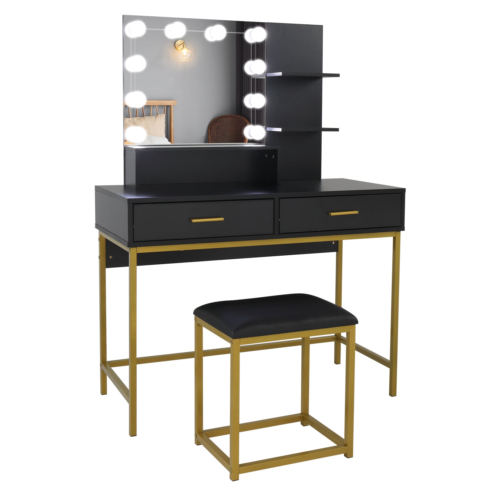 HAOYYE Large Vanity Set with 10 LED Bulbs, Makeup Table with Cushioned Stool, Multiple Storage Shelves and Drawers, Stylish Dressing Table Desk for Bedroom, Modern Black Design for Convenient Makeup and Organization