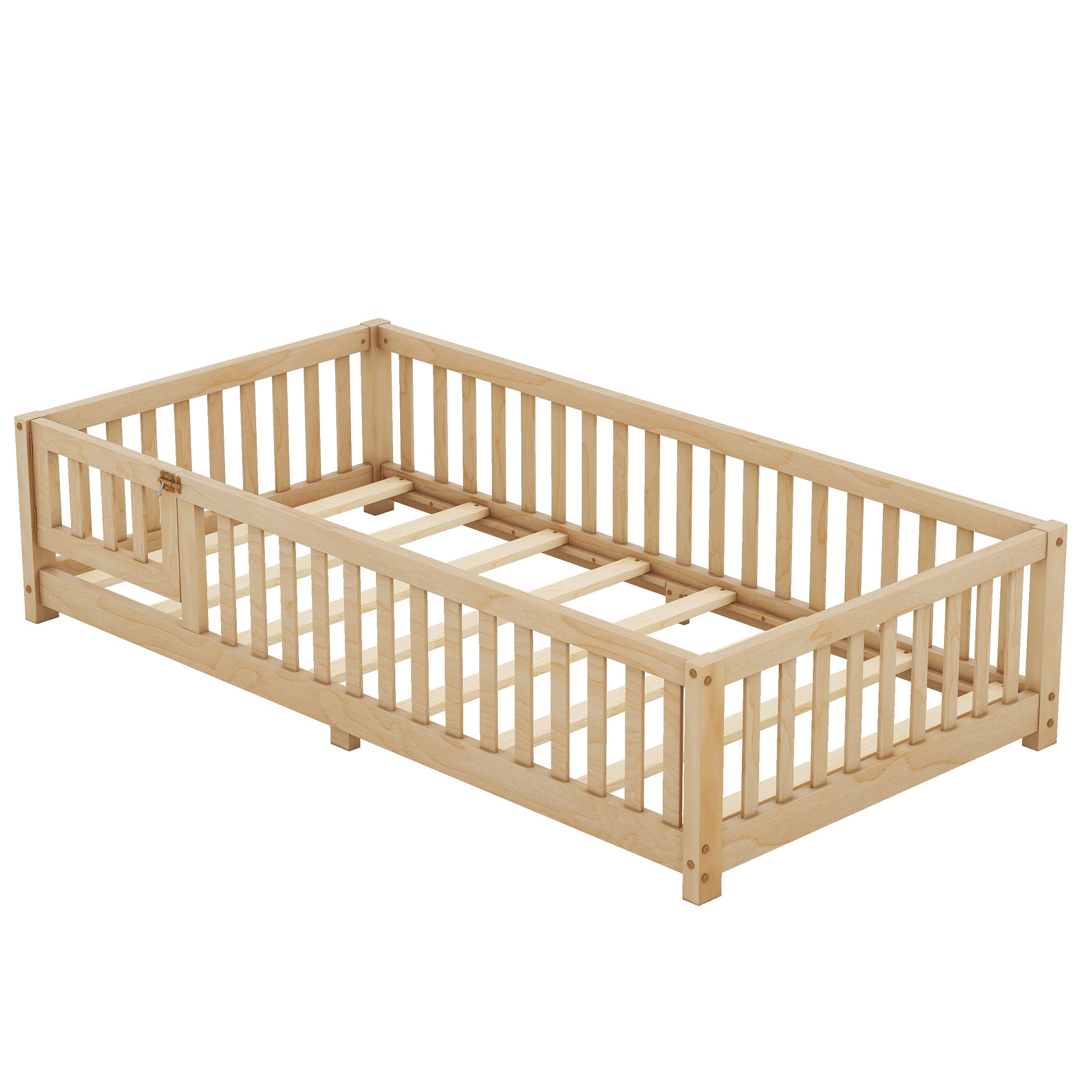 HAOYYE Twin Size Bed Floor Bed with Safety Guardrails and Door for , Natural(Old SKU: W158090686) Sturdy Space-Saving Heavy Duty Modern Design Adults Dorm Room Easy Assembly Bedroom Furniture