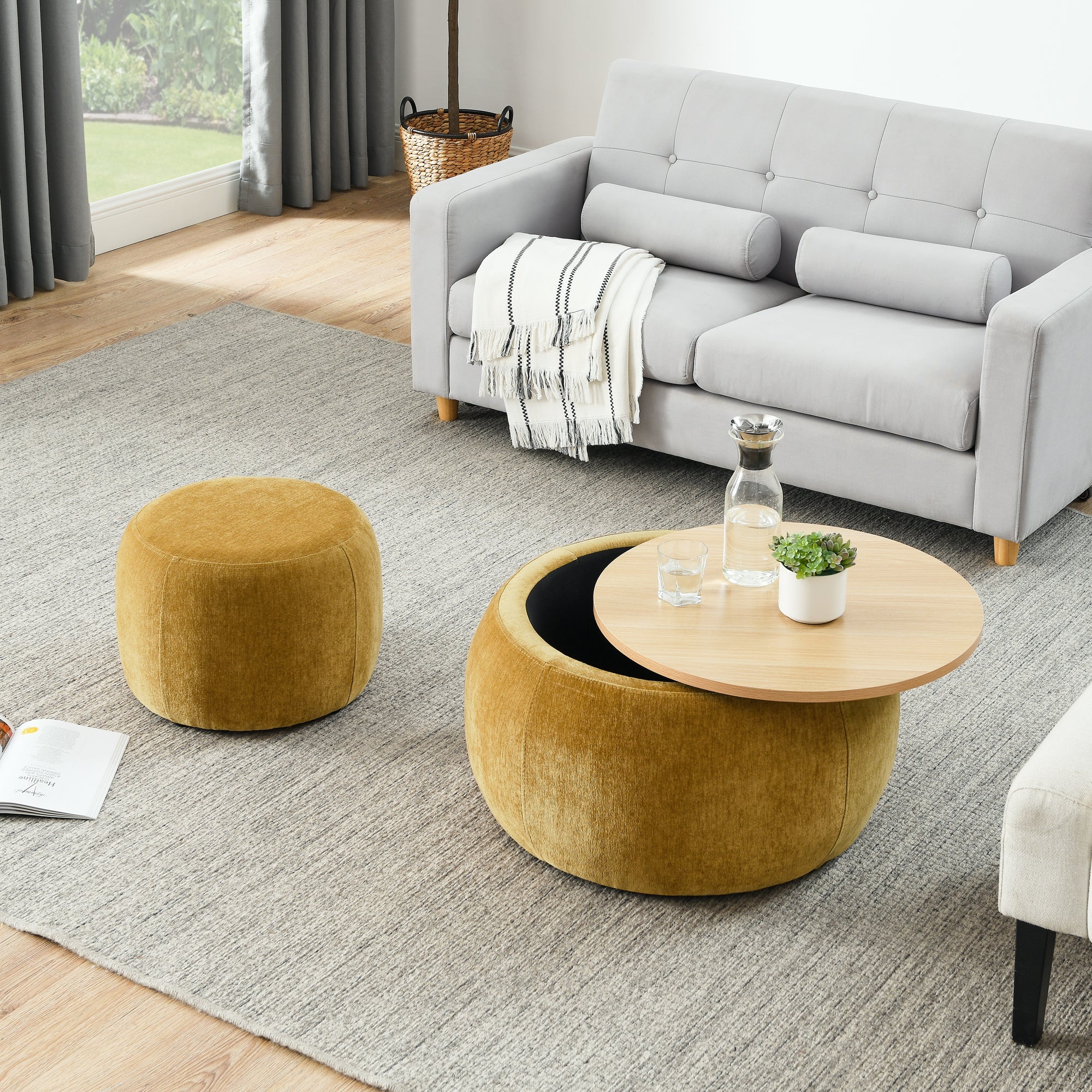 HAOYYE Round Storage Ottoman, 2-in-1 Functional Design as End Table and Ottoman, Includes Small Seat, Dark Yellow, Modern Space-Saving Accent Furniture for Living Room, Bedroom, or Office, Sturdy and Heavy-Duty, Easy Assembly