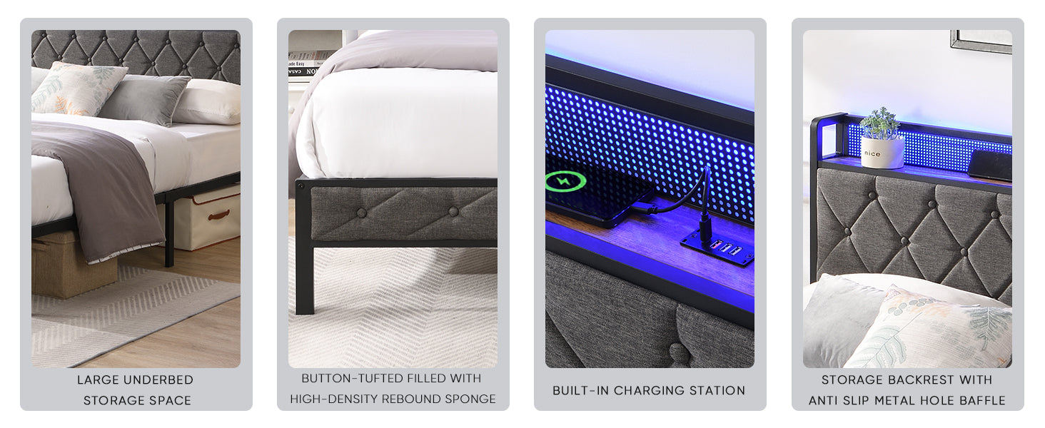 HAOYYE Full Bed Frame with Storage Headboard, Charging Station and LED Lights, Upholstered Platform Bed with Heavy Metal Slats, No Box Spring Needed, Noise Free, Easy Assembly, Dark Gray Sturdy Space-Saving