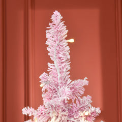 HAOYYE 6ft Prelit Snow Flocked Artificial Christmas Tree with Pencil Shape, Pine Realistic Branches, Warm White LED lights, Auto Open, Pink and White Sturdy Space-Saving Heavy Duty Modern Design