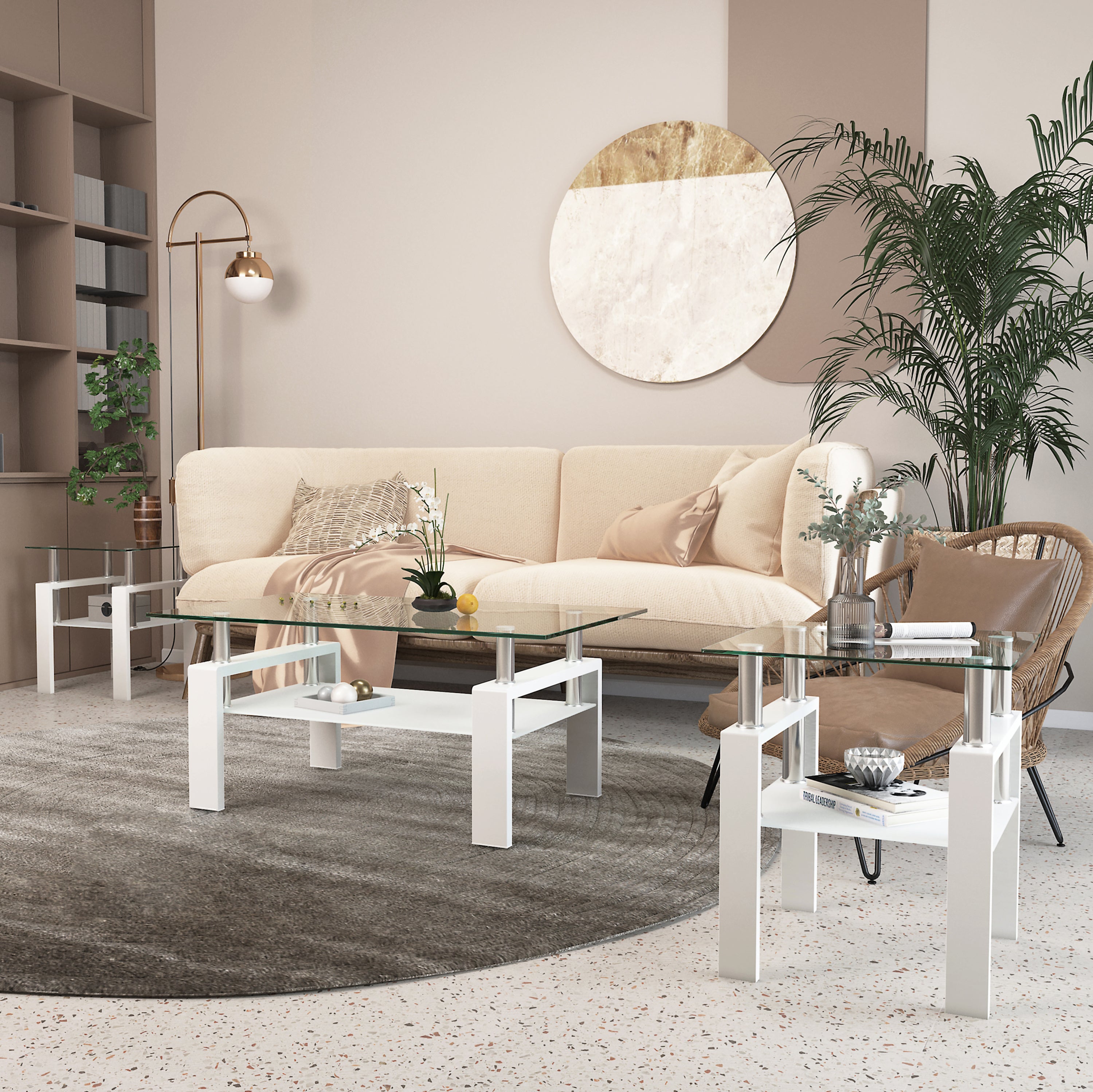 Haoyye Set of 2 Modern Tempered Glass Coffee and Tea Tables, Square Transparent and White Side Tables for Living Room, Sturdy Heavy Duty Space-Saving Design, Easy Assembly for Adults and Dorm Rooms