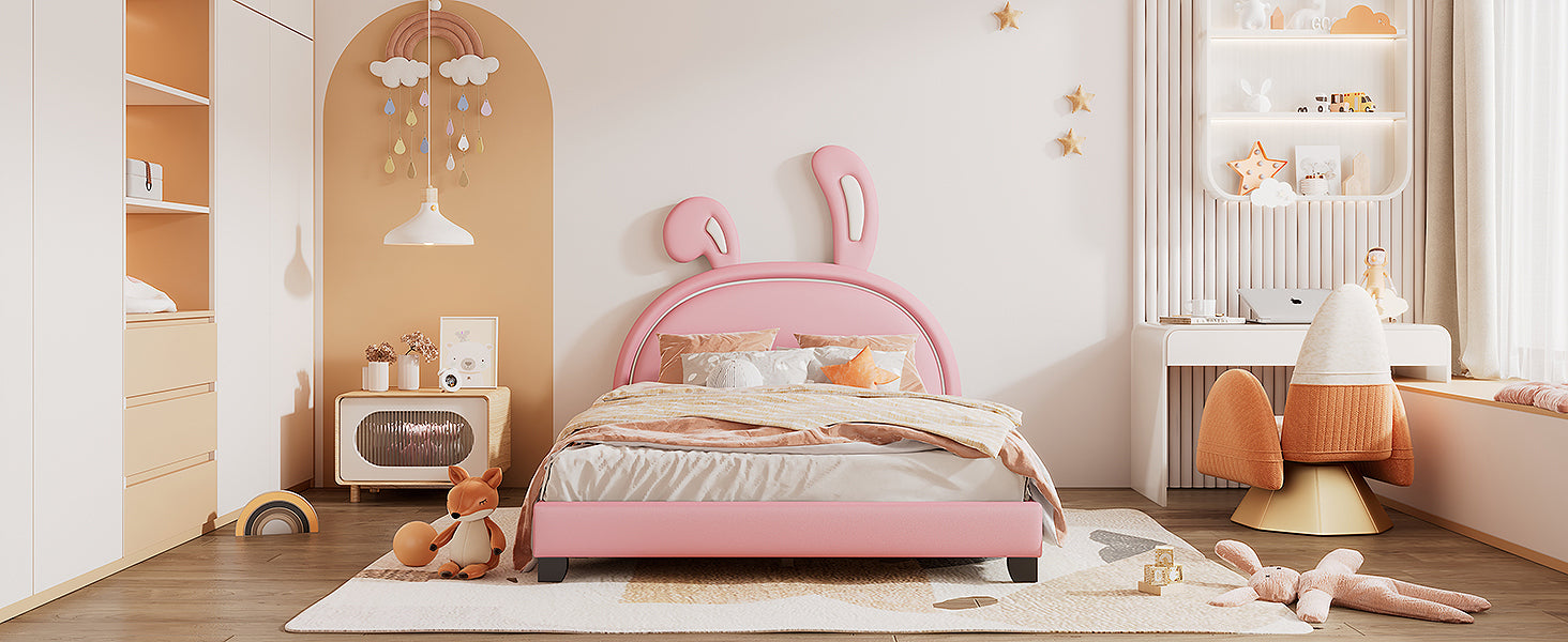 HAOYYE Full Size Upholstered Leather Platform Bed with Rabbit Ornament, Pink Sturdy Space-Saving Heavy Duty Modern Design Adults Dorm Room Easy Assembly Bedroom Furniture