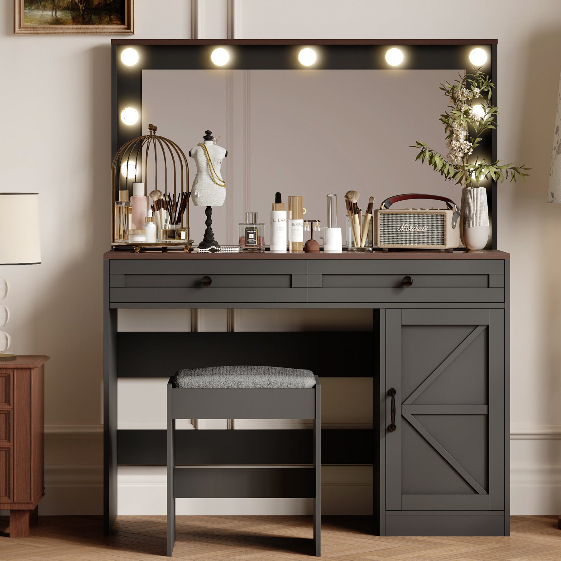 HAOYYE Makeup Vanity Table with Large Mirror and 11 LED Lights, Adjustable Brightness, Dressing Table Desk with 3 Drawers, Modern Vanity Desk for Women, Black with Stool, Sturdy and Space-Saving Design