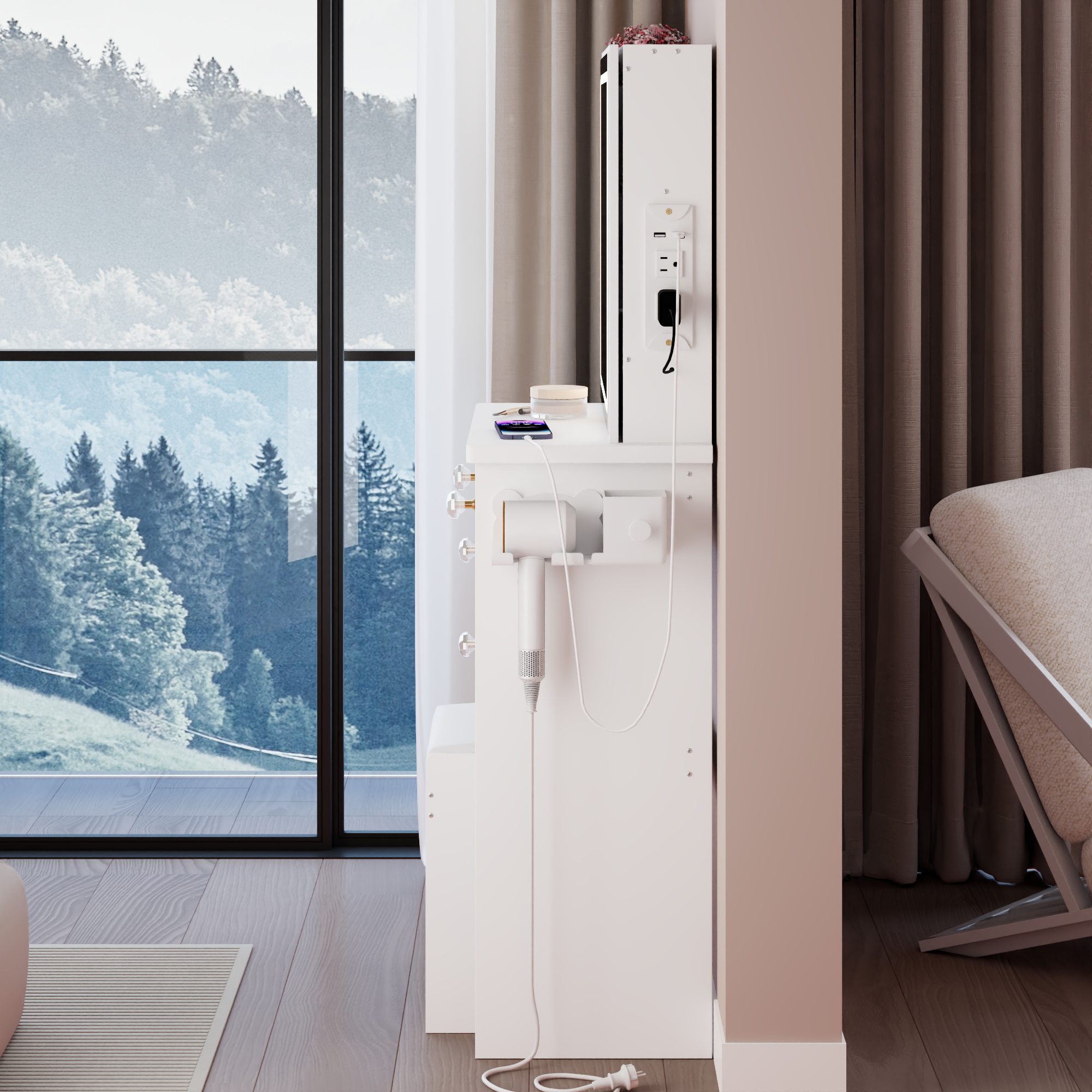 HAOYYE 37" Middle Size Left Bedside Cabinet Vanity Table + Cushioned Stool Dresser Set, 2 AC+2 USB Socket, Hair Dryer Stand, Large Touch Control LED Sliding Mirror, 3-color Switch, EPA, GCC, UL Certificate