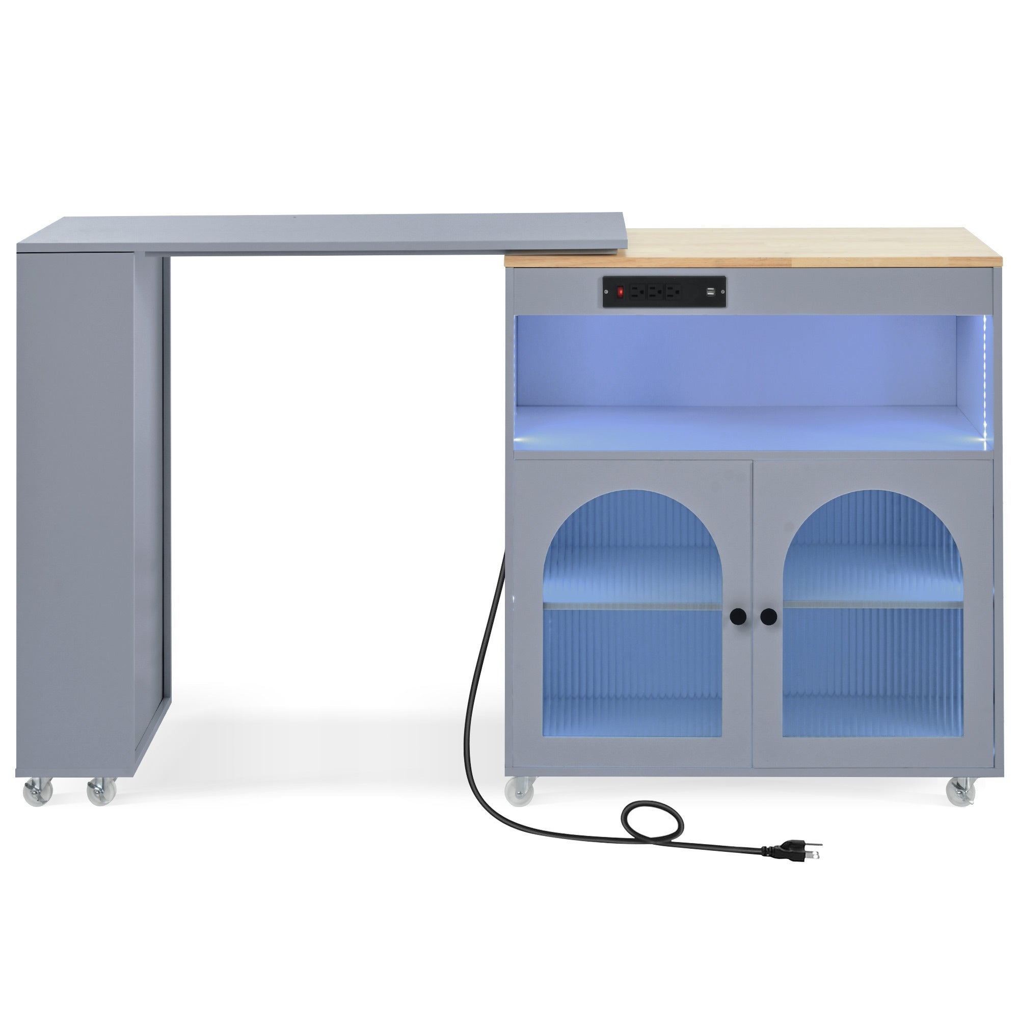 HAOYYE K&K Rolling Kitchen Island With Extended Table, Kitchen Island on Wheels with LED Lights,Power Outlets and 2 Fluted Glass Doors, Kitchen Island with a Storage Compartment and Side 3 Open Shelves, Grey