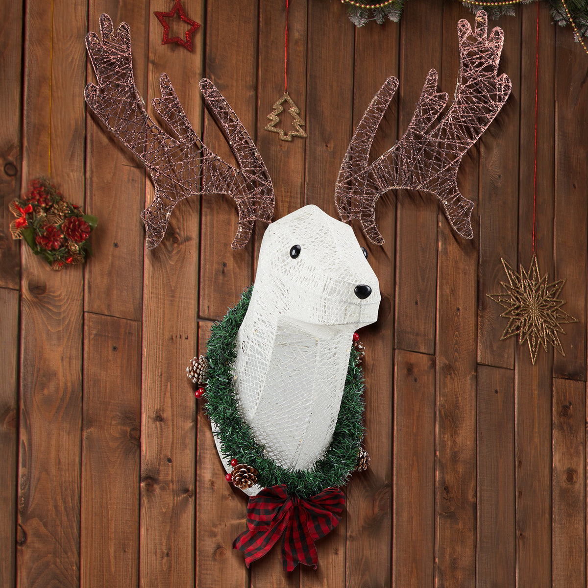 HAOYYE Lighted Christmas Wall Decor Reindeer Head, Pre-Lit 3D Rudolph Hanging Wreath with Warm White LED Lights, Festive Indoor and Outdoor Holiday Decoration for Front Door, Window, Porch, Living Room, Xmas Display