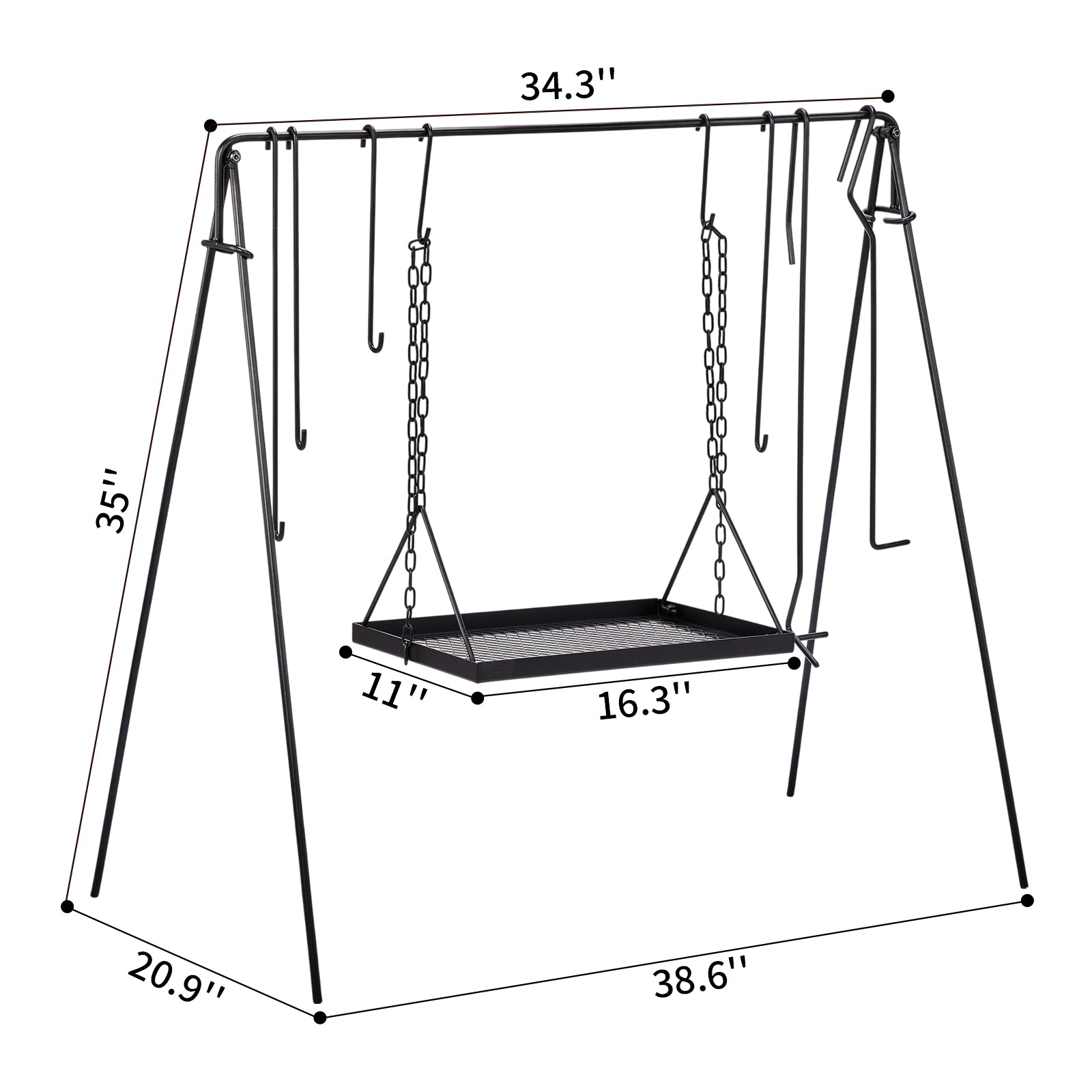 HAOYYE Portable Grill Swing Campfire Grill Stand with Iron Grill Grate Collapsible Outdoor Cooking Rack with Adjustable Chains Six Hooks and Carry Bag Perfect for Camping Bonfires Backyard Cooking Dutch Oven and Cookware