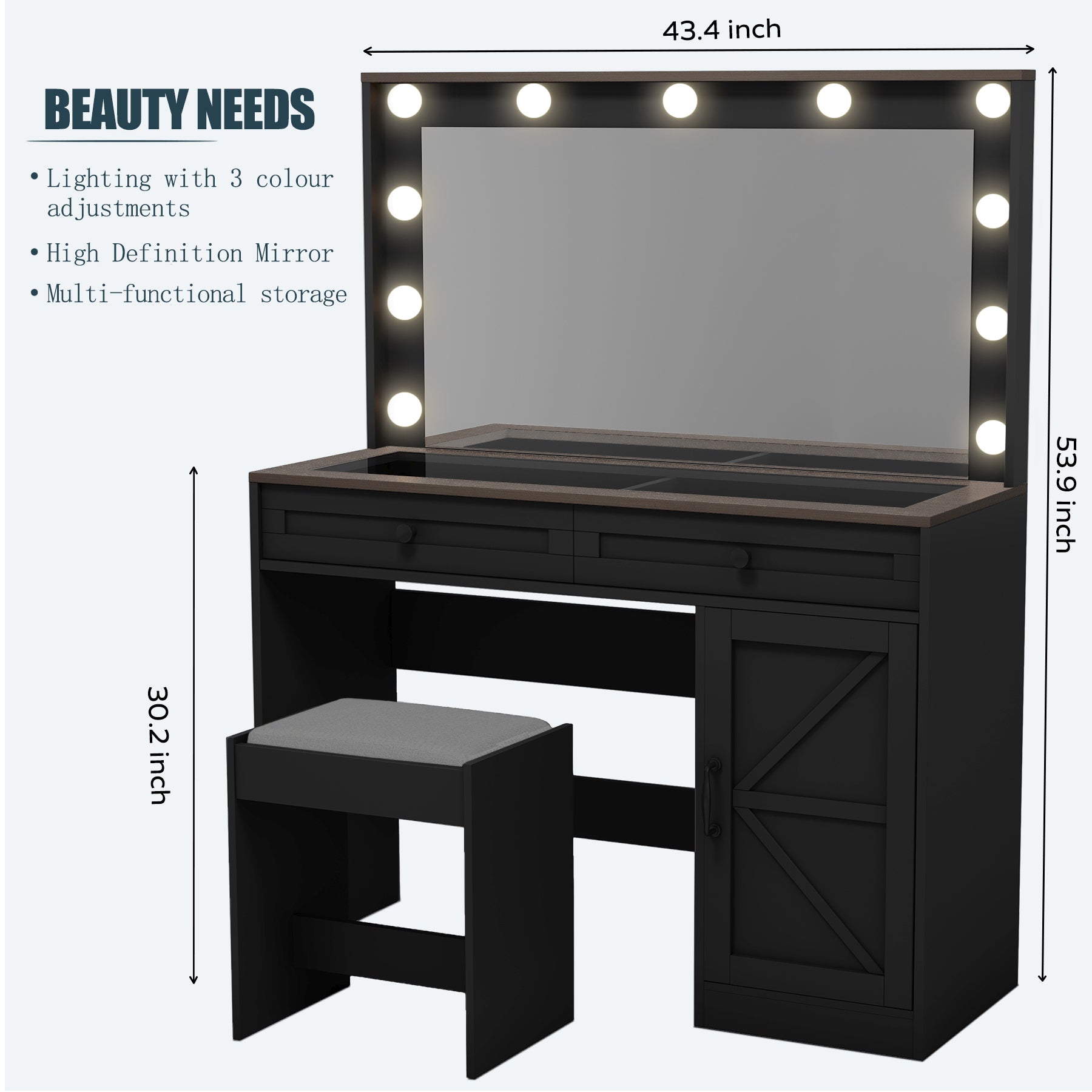 HAOYYE Makeup Vanity Table with Large Mirror and 11 LED Lights, Adjustable Brightness, Dressing Table Desk with 3 Drawers, Modern Vanity Desk for Women, Black with Stool, Sturdy and Space-Saving Design