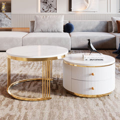 HAOYYE Modern 2-Piece White Round Nesting Coffee Table with Drawers, Sturdy and Space-Saving Design, Heavy Duty Construction, Ideal for Living Room, Bedroom, and Dorm Rooms, Easy Assembly for Adults