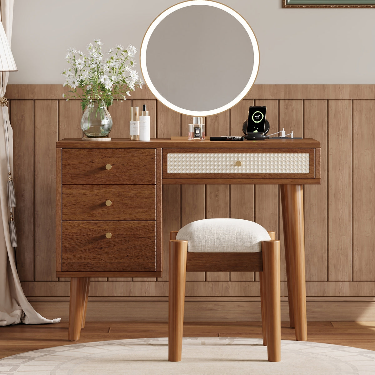 HAOYYE 39" Retro Bohemian Style Wooden Makeup Vanity Set with Charging Plug&USB Port and Stool, Dressing Table with 3 Storage Drawers and 1 Rectangular Rattan Drawer, Walnut