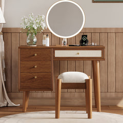 HAOYYE 39" Retro Bohemian Style Wooden Makeup Vanity Set with Charging Plug&USB Port and Stool, Dressing Table with 3 Storage Drawers and 1 Rectangular Rattan Drawer, Walnut
