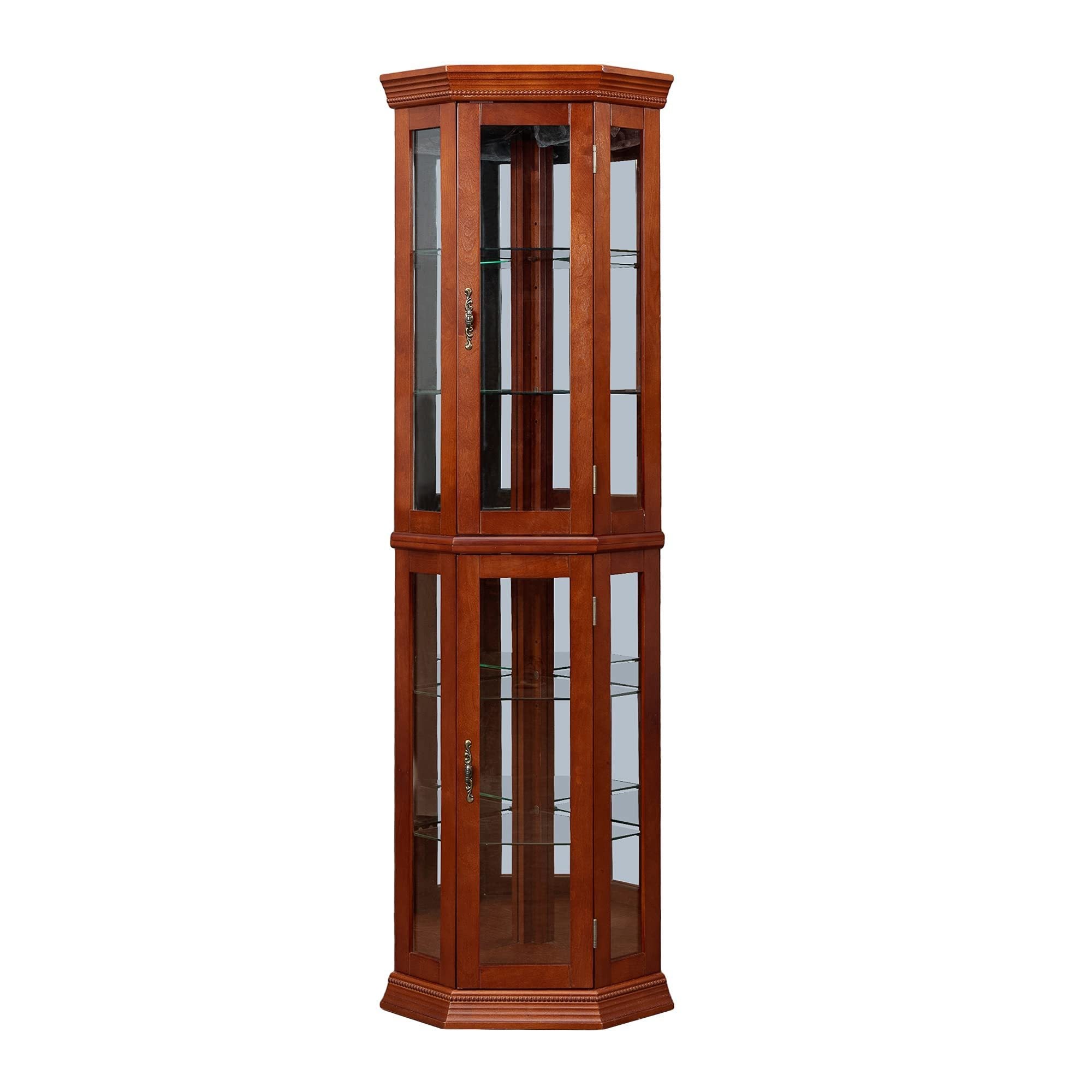 HAOYYE Corner Curio Cabinet with Lights, Adjustable Tempered Glass Shelves, Mirrored Back, Display Cabinet,Light Walnut (E26 light bulb not included) Sturdy Space-Saving Heavy Duty Modern Design Adults