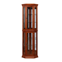 HAOYYE Corner Curio Cabinet with Lights, Adjustable Tempered Glass Shelves, Mirrored Back, Display Cabinet,Light Walnut (E26 light bulb not included) Sturdy Space-Saving Heavy Duty Modern Design Adults