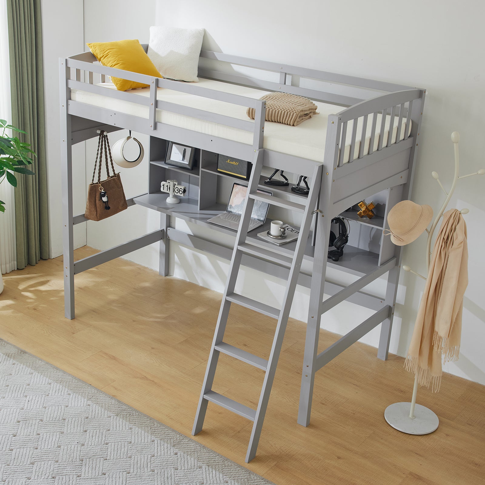 HAOYYE Loft Bed with Shelf & Desk, Inclined Ladder, Gray Twin Wooden Bed, Pine & Particle Board, Space-Saving Design for Kids, Teens, and Dorm Rooms, Sturdy Construction, Easy Assembly, Modern & Functional