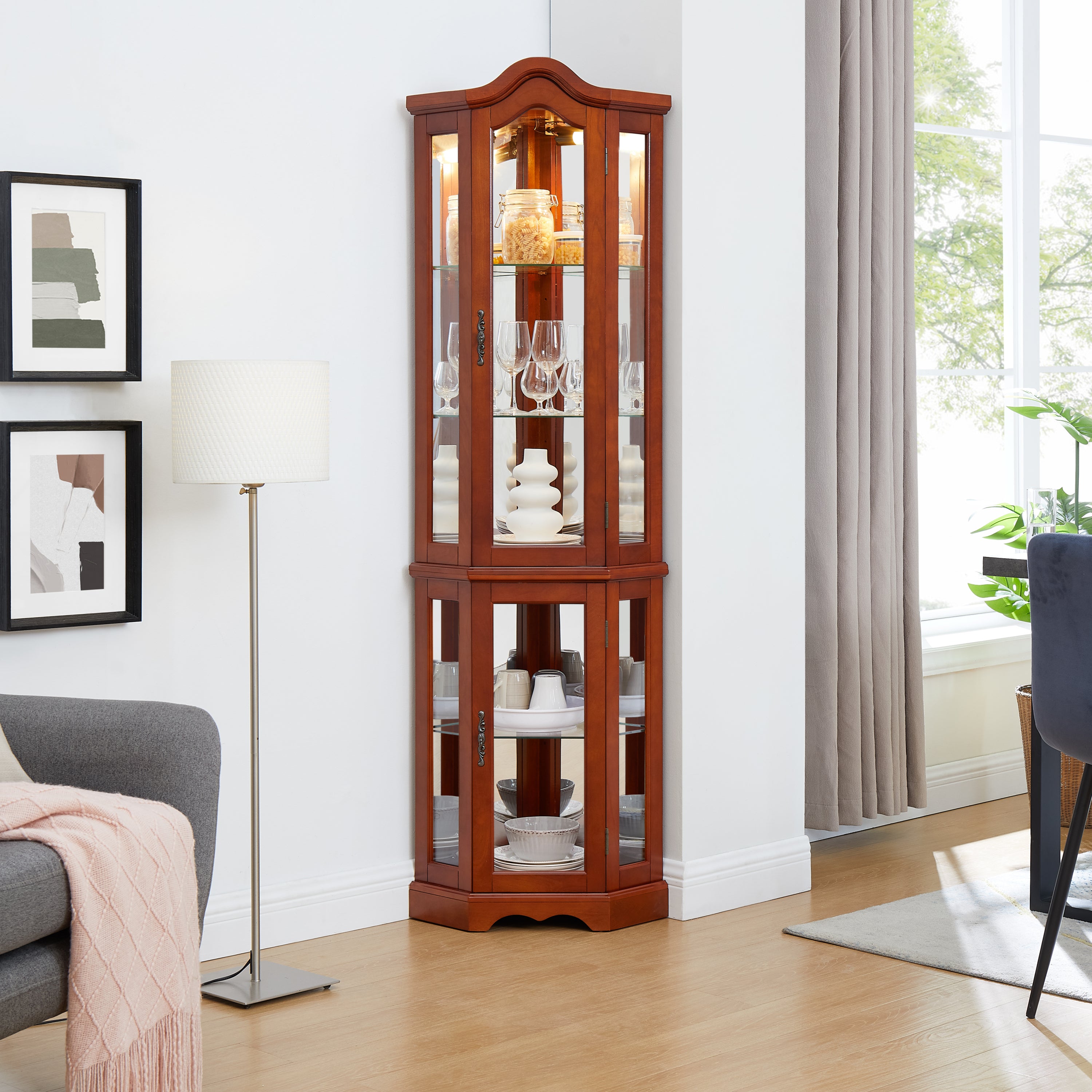 HAOYYE Corner Curio Cabinet with Adjustable Tempered Glass Shelves, Mirrored Back, LED Lights, Elegant Display Cabinet in Walnut Finish, Sturdy Space-Saving Design, Modern Heavy Duty Storage for Home, Office, Living Room