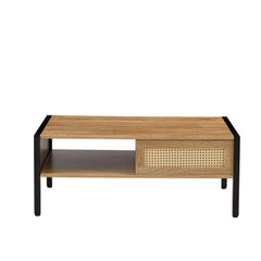 HAOYYE 40.16" Rattan Coffee table, sliding door for storage, metal legs, Modern table for living room , natural Sturdy Space-Saving Heavy Duty Modern Design Adults Dorm Room Easy Assembly