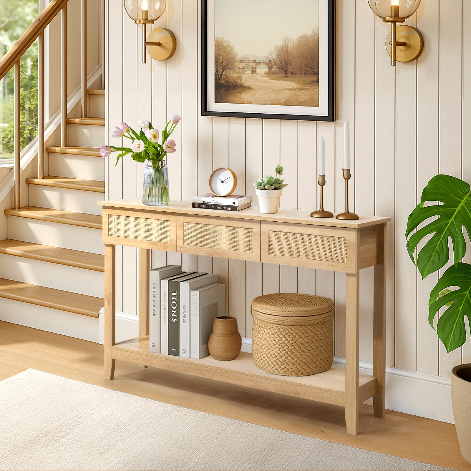 HAOYYE Natural Wood Boho Style Rattan Console Table with 3 Drawers and Open Storage Shelf, Narrow Entryway Sofa Table for Hallway Foyer Behind Couch, Rustic Farmhouse Accent Table