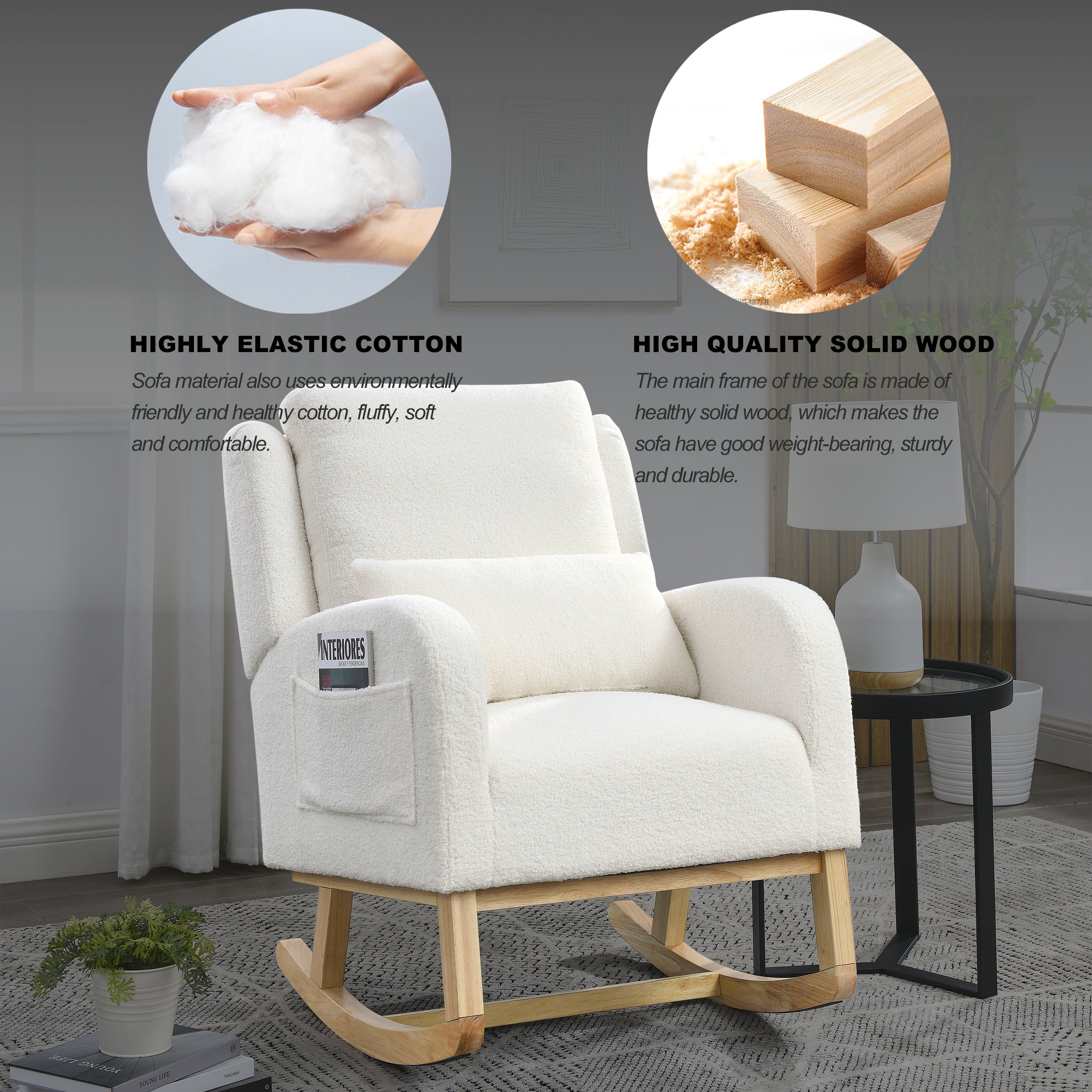 HAOYYE 27.5 "W Modern Accent High Back Living Room Casual Armchair Rocker with One Lumbar Pillow, Two Side Pockets,Teddy White (Ivory) Sturdy Space-Saving Heavy Duty Modern Design Adults