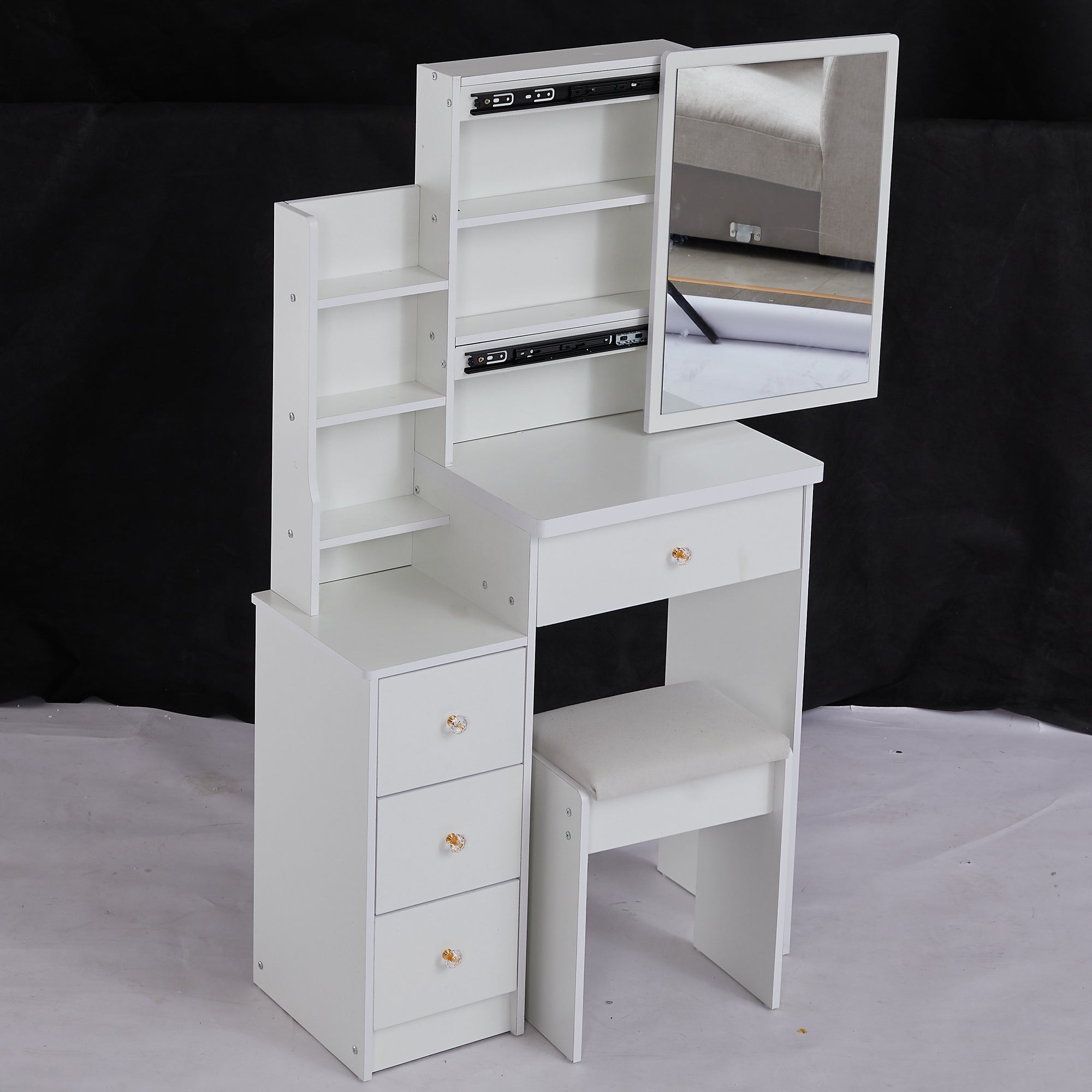 HAOYYE Compact Left-Side Bedside Vanity Table With Sliding Mirror, Cushioned Stool, Multi-Layer High-Capacity Storage, Modern Dresser for Small Spaces, EPA, GCC, UL Certified