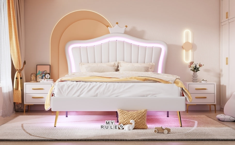 HAOYYE Queen Size Upholstered Bed Frame with LED Lights,Modern Upholstered Princess Bed With Crown Headboard,White Sturdy Space-Saving Heavy Duty Modern Design Adults Dorm Room Easy Assembly