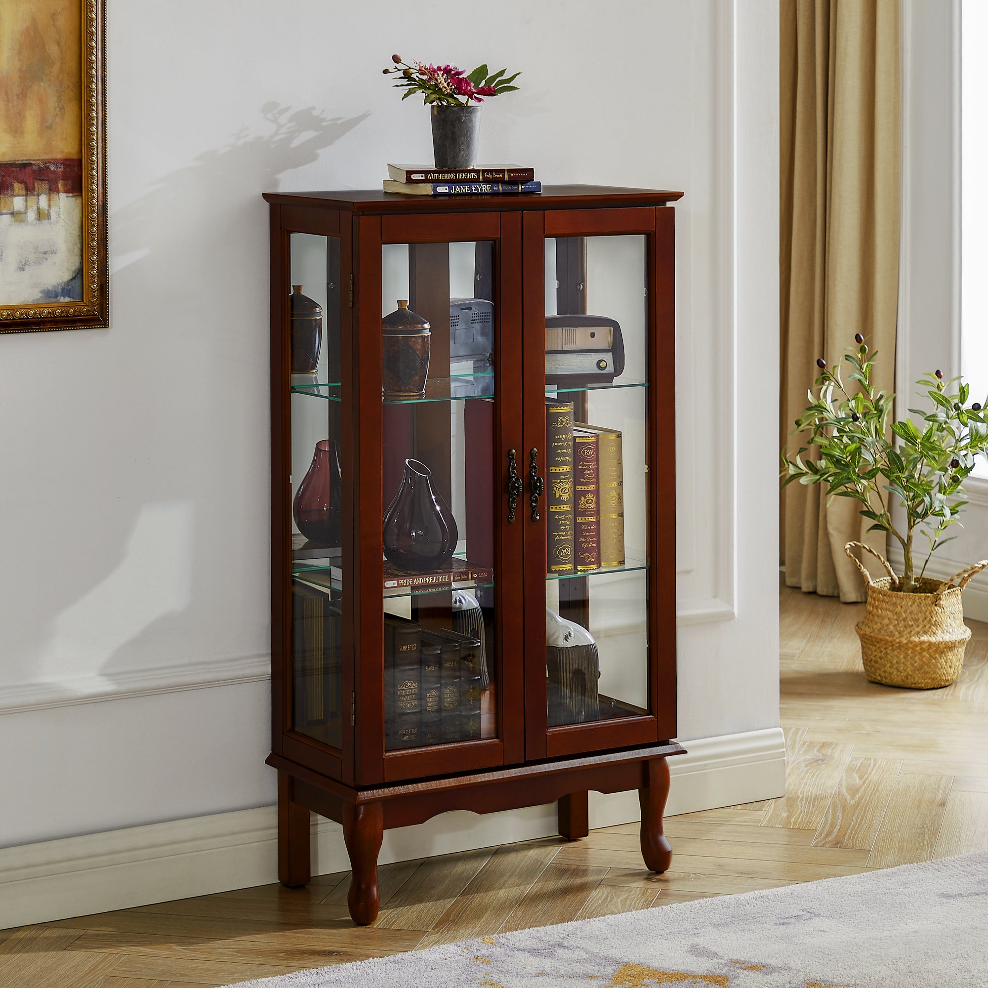 HAOYYE Curio Cabinet Lighted Curio Diapaly Cabinet with Adjustable Shelves and Mirrored Back Panel, Tempered Glass Doors (Cherry, 3 Tier), (E26 light bulb not included) Sturdy Space-Saving Heavy Duty