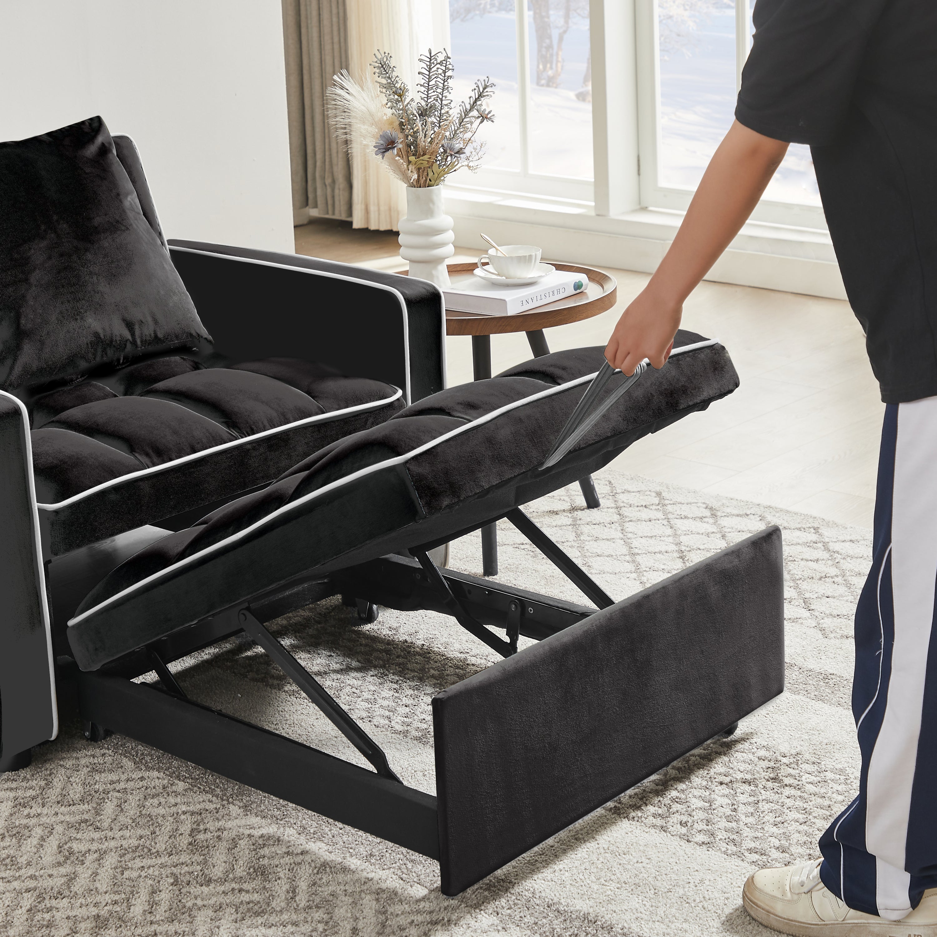 HAOYYE Three-in-One Sofa Bed Chair Black Folding Sofa Bed Adjustable Back Recliner Single Bed Comfortable Modern Durable Sturdy Space-Saving Heavy Duty Design for Adults Dorm Room