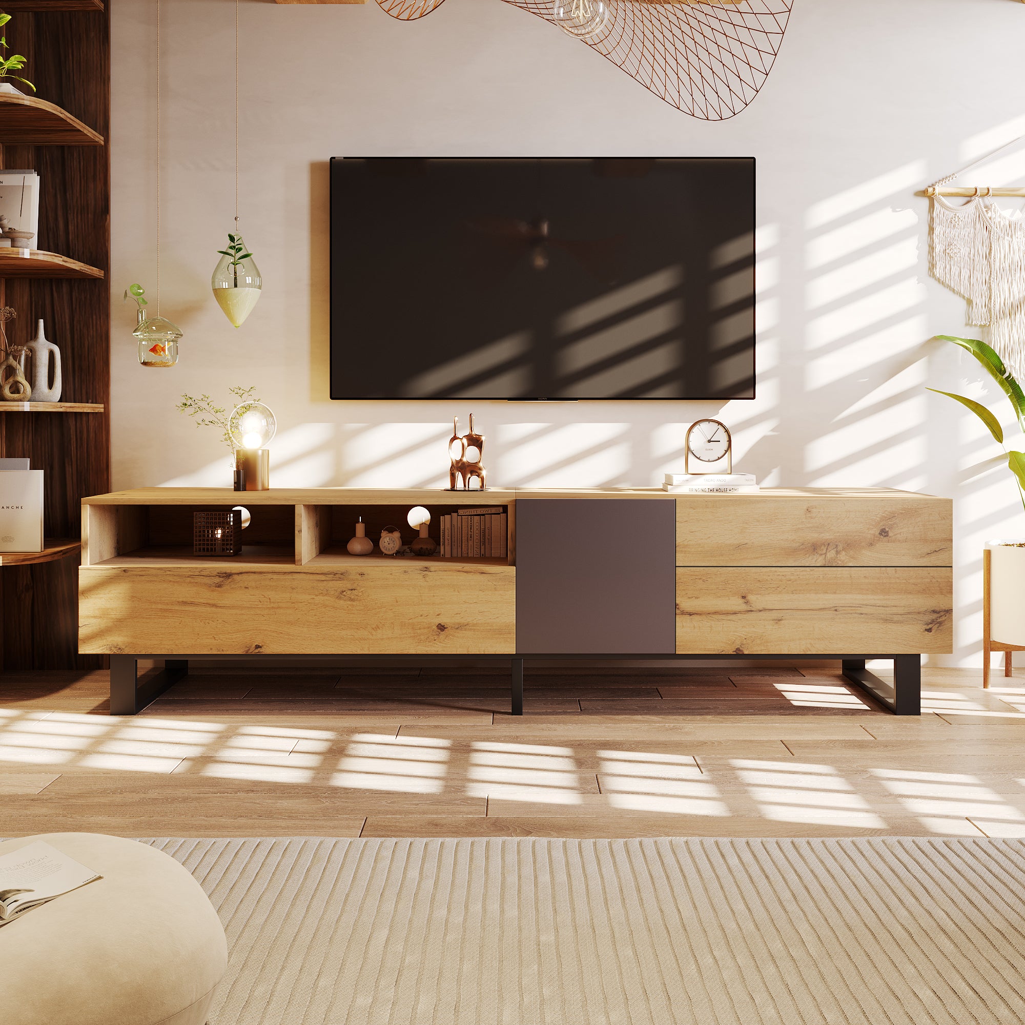 HAOYYE Modern TV Stand for 80'' TV with Double Storage Space, Media Console Table, Entertainment Center with Drop Down Door for Living Room, Bedroom, Home Theatre Sturdy Space-Saving Heavy Duty Modern Design