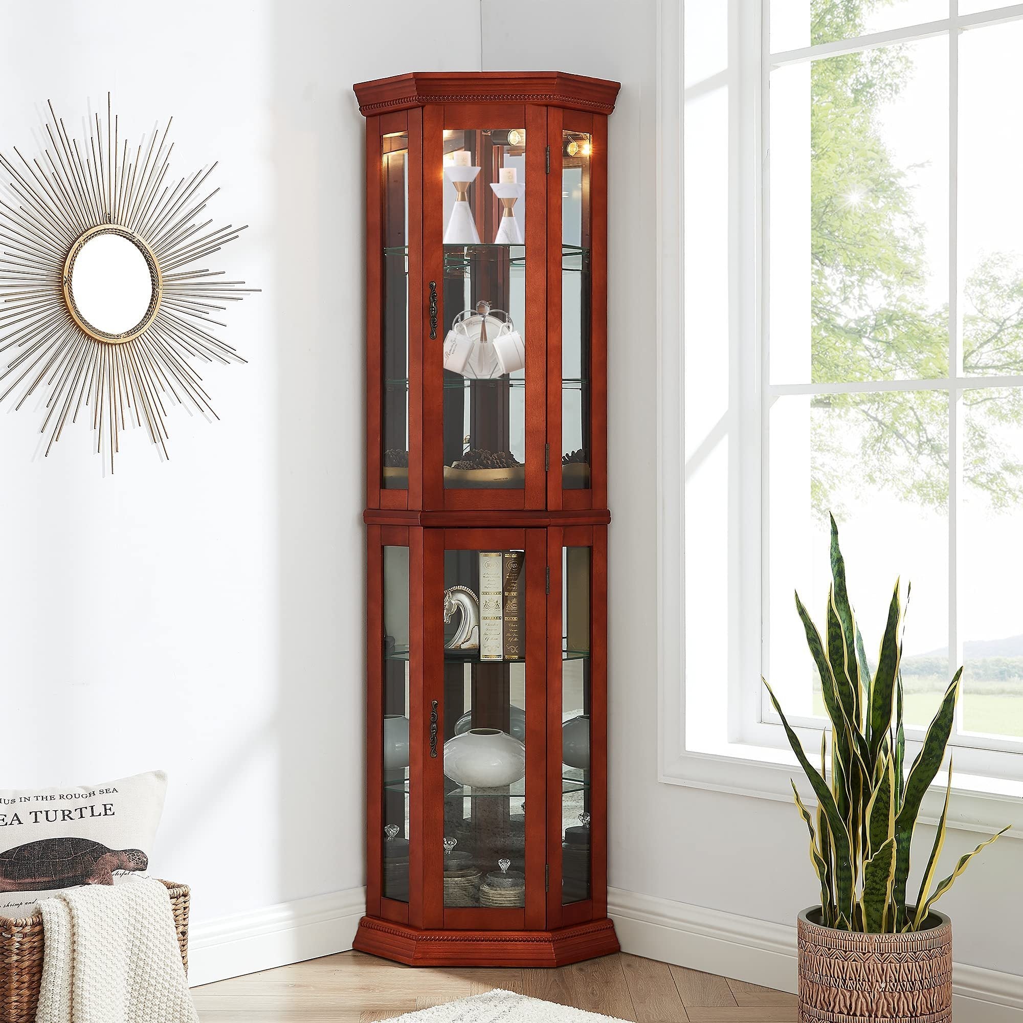HAOYYE Corner Curio Cabinet with Lights, Adjustable Tempered Glass Shelves, Mirrored Back, Display Cabinet,Light Walnut (E26 light bulb not included) Sturdy Space-Saving Heavy Duty Modern Design Adults