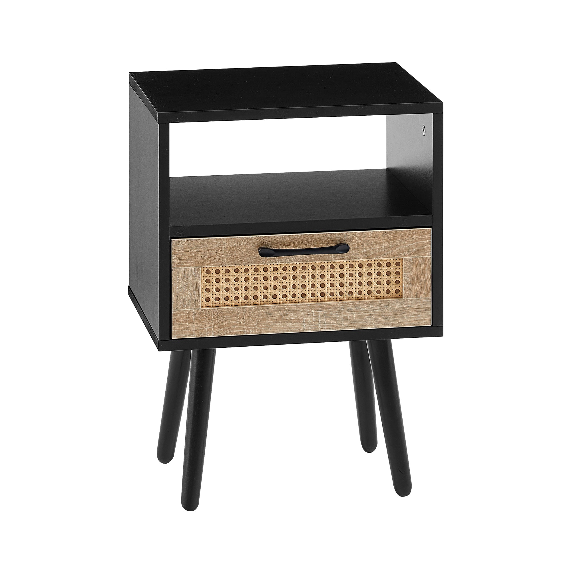 HAOYYE Rattan End Table with Drawer and Solid Wood Legs, Modern Nightstand, Side Table for Living Room, Bedroom, Black, Sturdy and Space-Saving Design, Heavy Duty Construction, Easy Assembly for Adults and Dorm Rooms