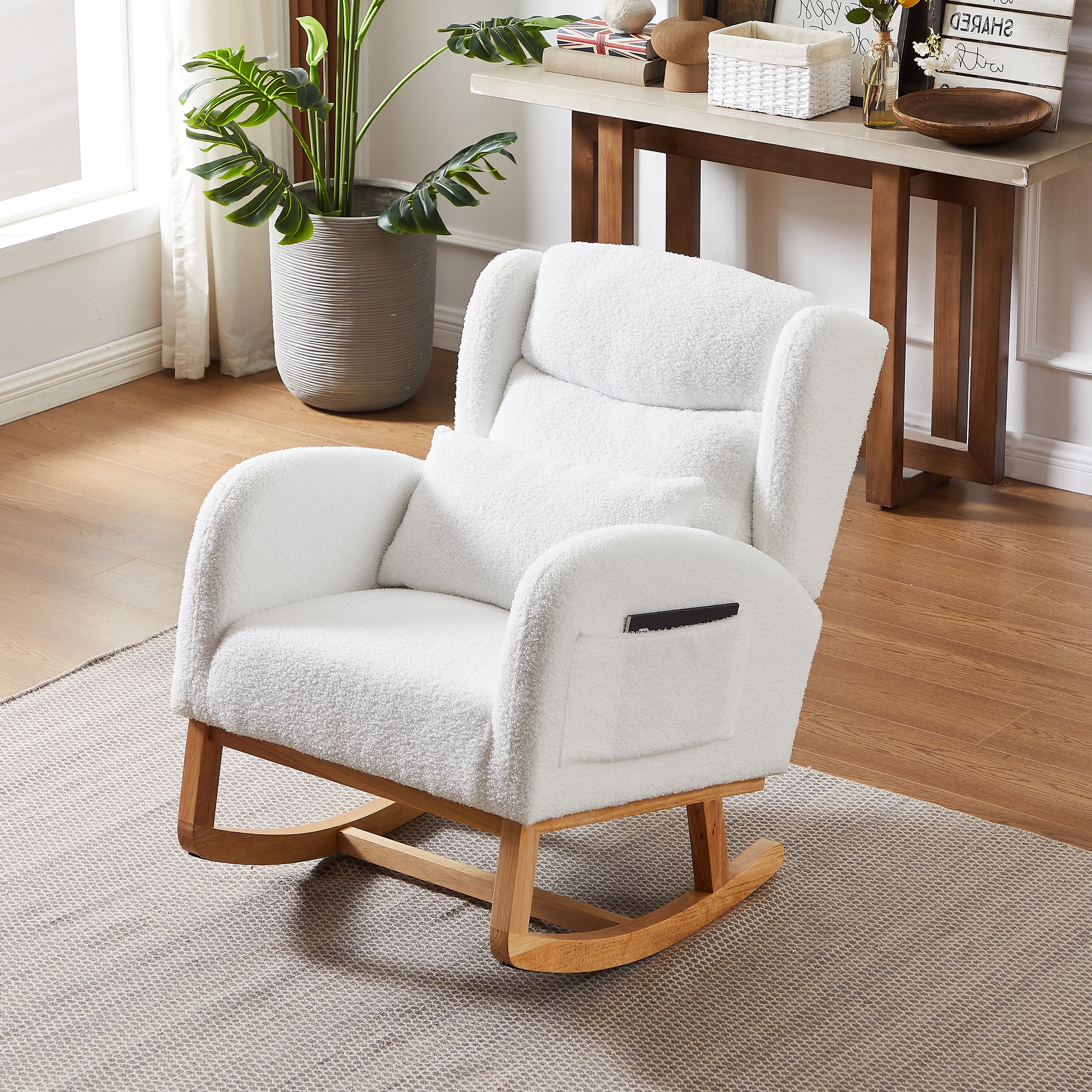 HAOYYE 27.2"W Modern Accent High Backrest Living Room Lounge Arm Rocking Chair, Two Side Pocket Sturdy Space-Saving Heavy Duty Modern Design Adults Dorm Room Easy Assembly Bedroom Furniture