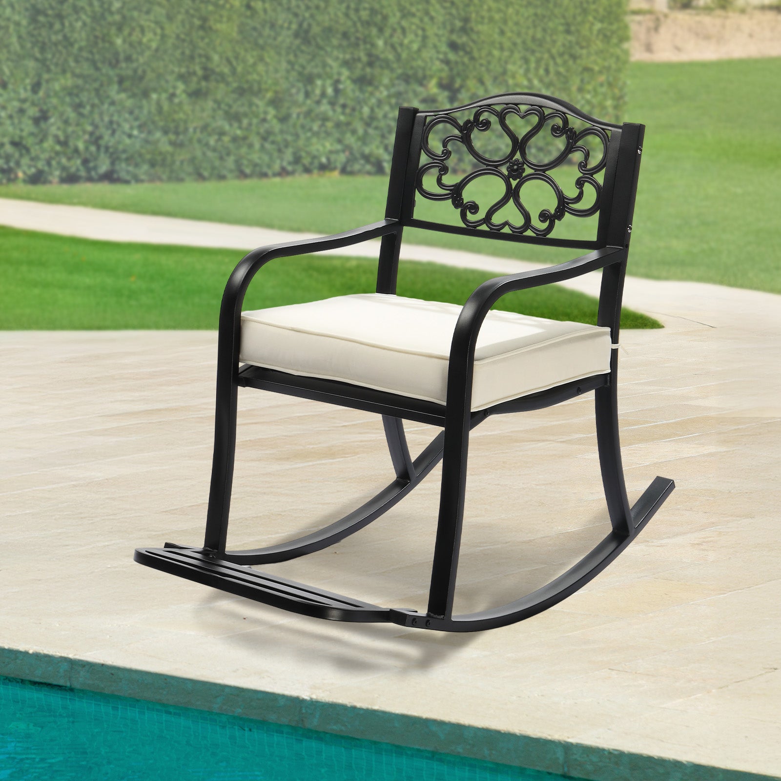 HAOYYE Metal Rocking Chair with Cushion and Footrest, Outdoor Patio Rocker Bench with Weatherproof Cast Iron Frame, Elegant Floral Backrest Rocking Seat for Garden, Porch, Deck, or Lawn Relaxation