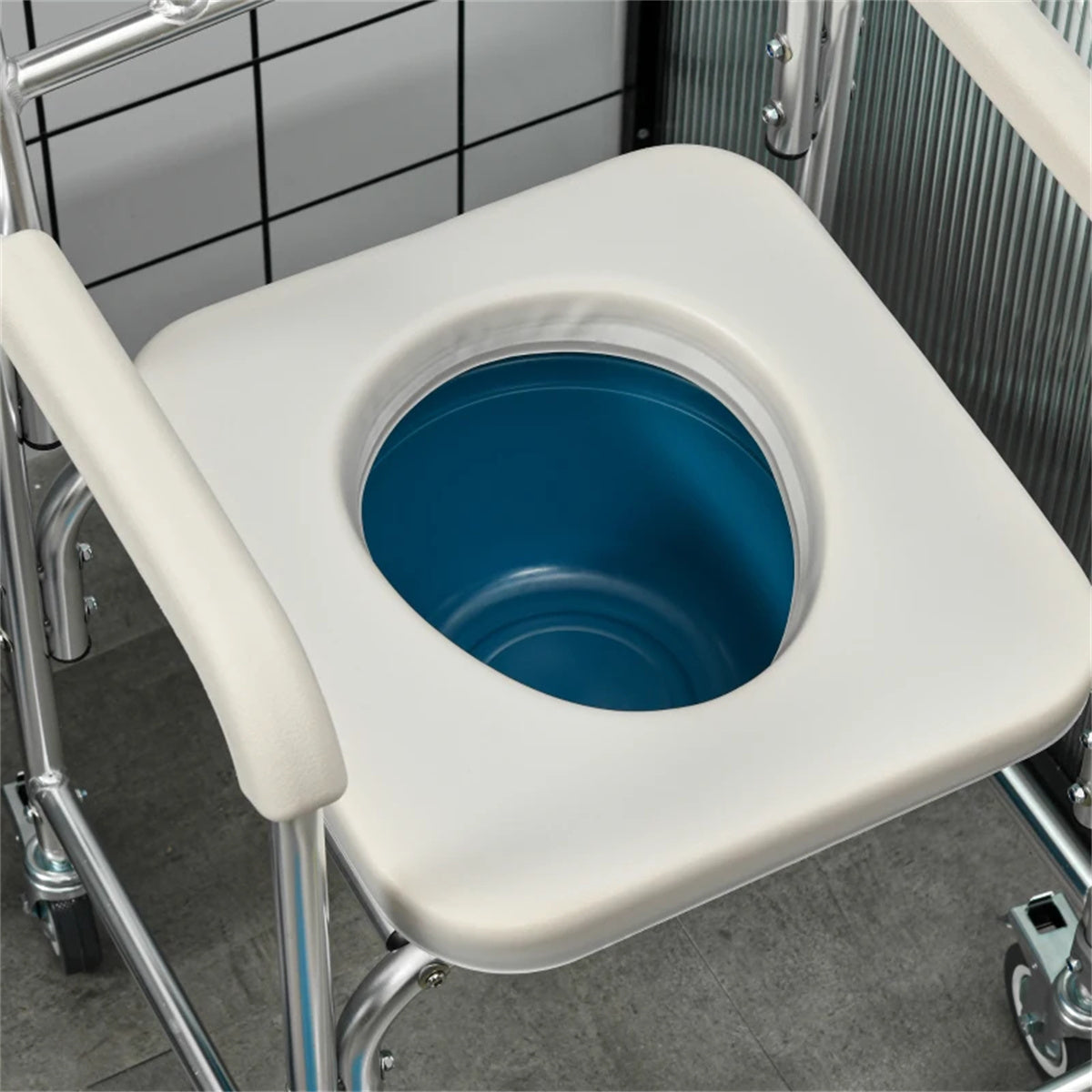 HAOYYE Gray Shower Commode Wheelchair Waterproof Rolling Over Toilet Chair with Padded Seat Comfortable and Durable Mobility Aid for Bathroom Use Easy Maneuverable with Sturdy Frame and Smooth Wheels