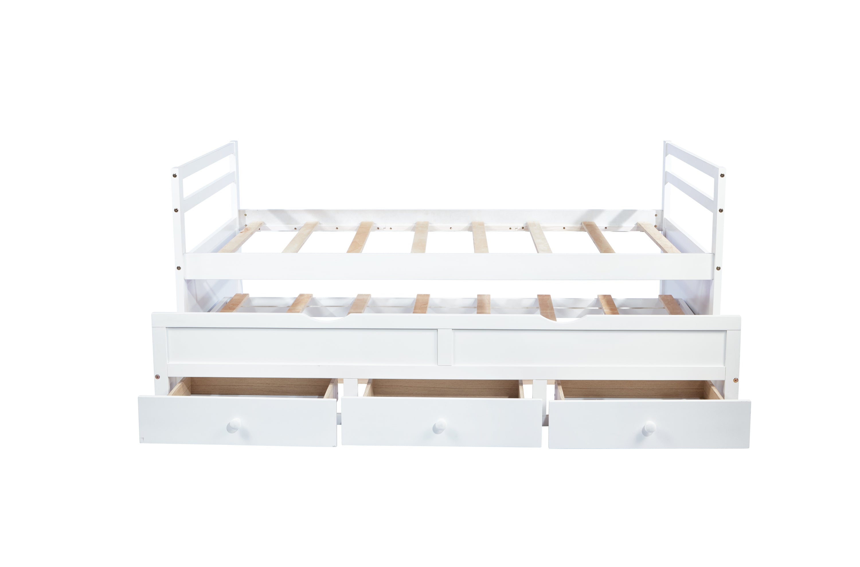 HAOYYE Twin Bed with Headboard, Footboard, Trundle and Storage Drawers, Pine Wood Twin Size Bed, White, Sturdy Space-Saving Heavy Duty Construction, Ideal for Adults and Dorm Rooms