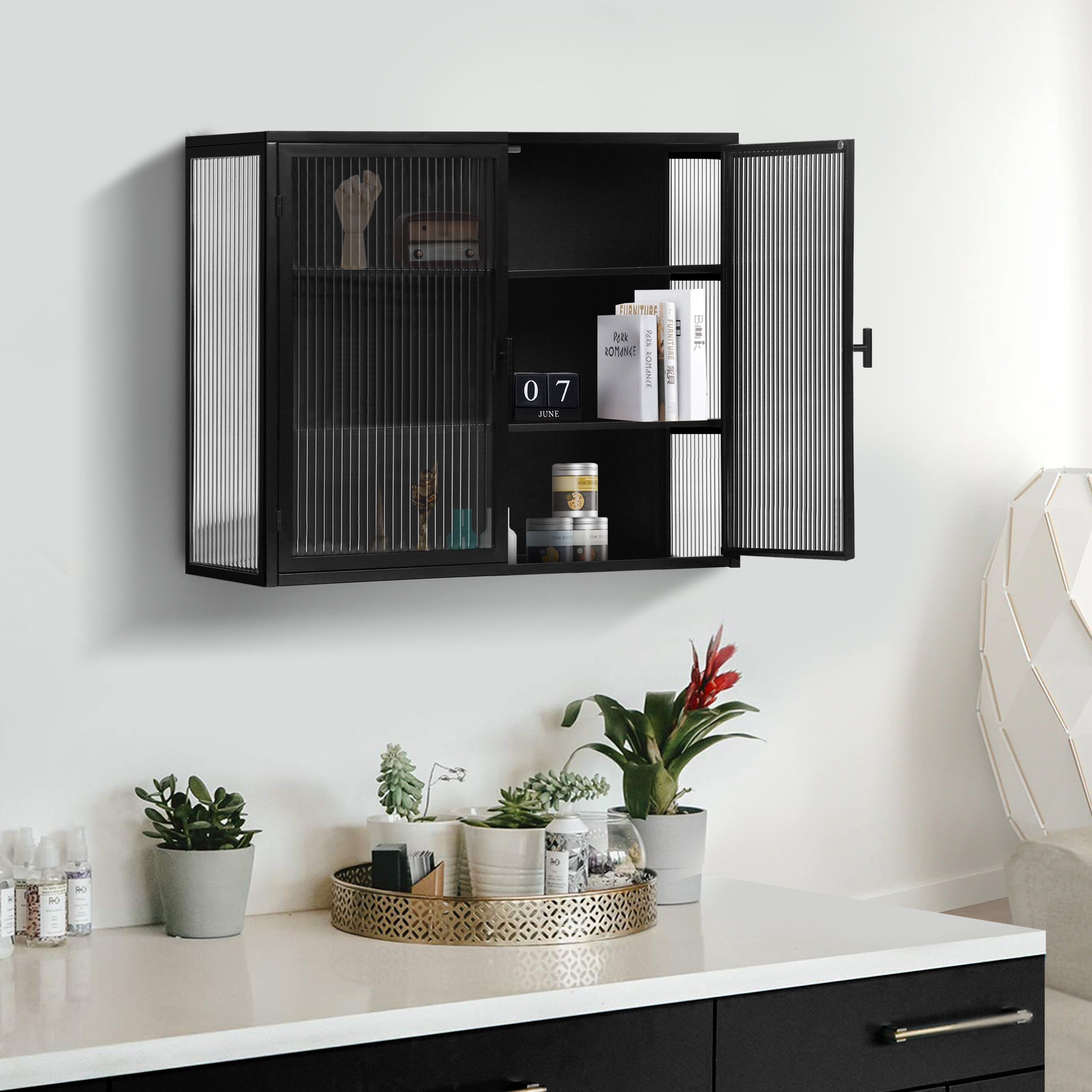 HAOYYE 27.56"Glass Doors Modern Two-door Wall Cabinet with Featuring Three-tier Storage for Entryway Living Room Bathroom Dining Room,Black Sturdy Space-Saving Heavy Duty Modern Design Adults Dorm Room