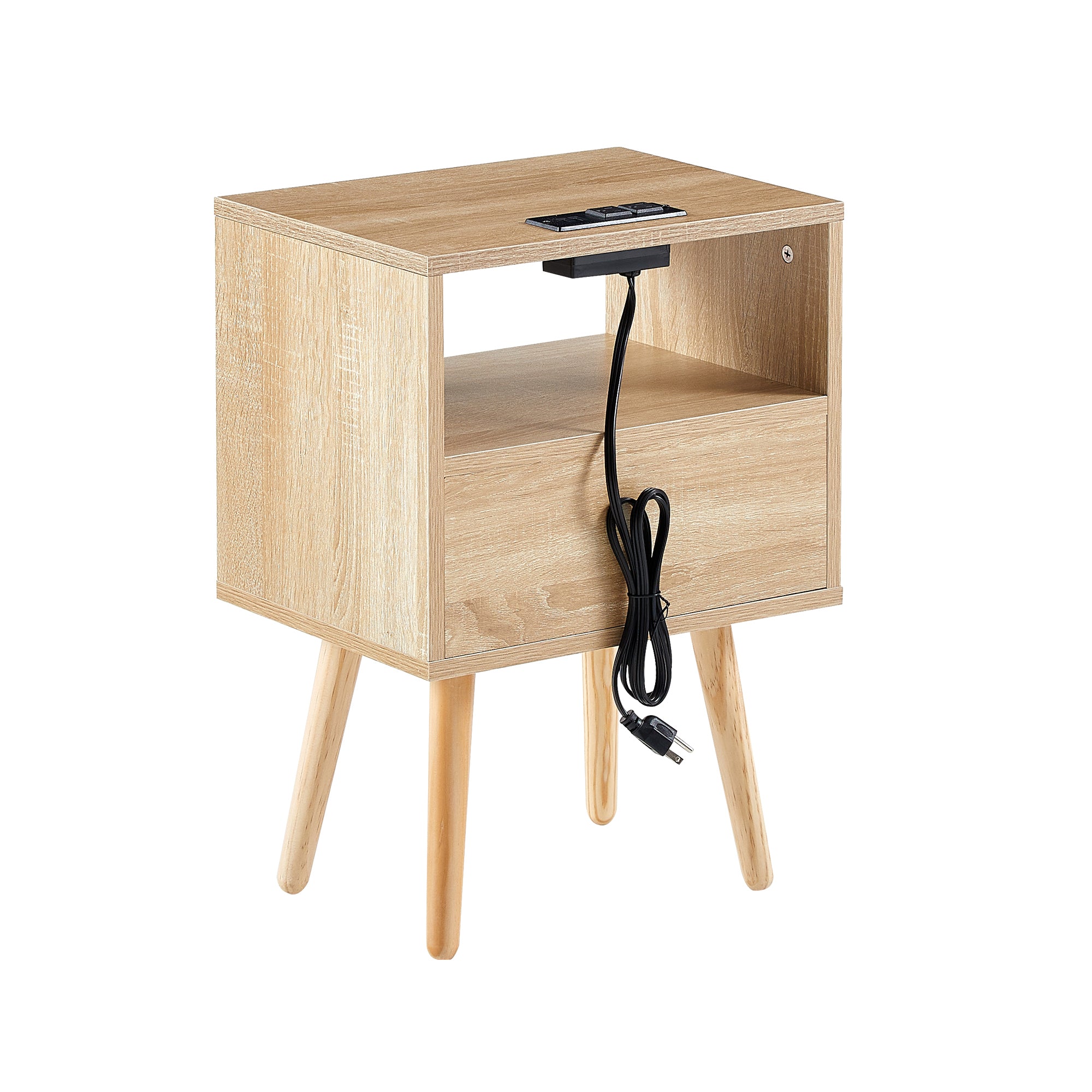 HAOYYE Rattan End Table with Power Outlet & USB Ports, Modern Nightstand with Drawer and Solid Wood Legs, Natural, Sturdy Space-Saving Design, Heavy Duty Construction, Stylish and Durable Home Furniture for Living Room or Bedroom