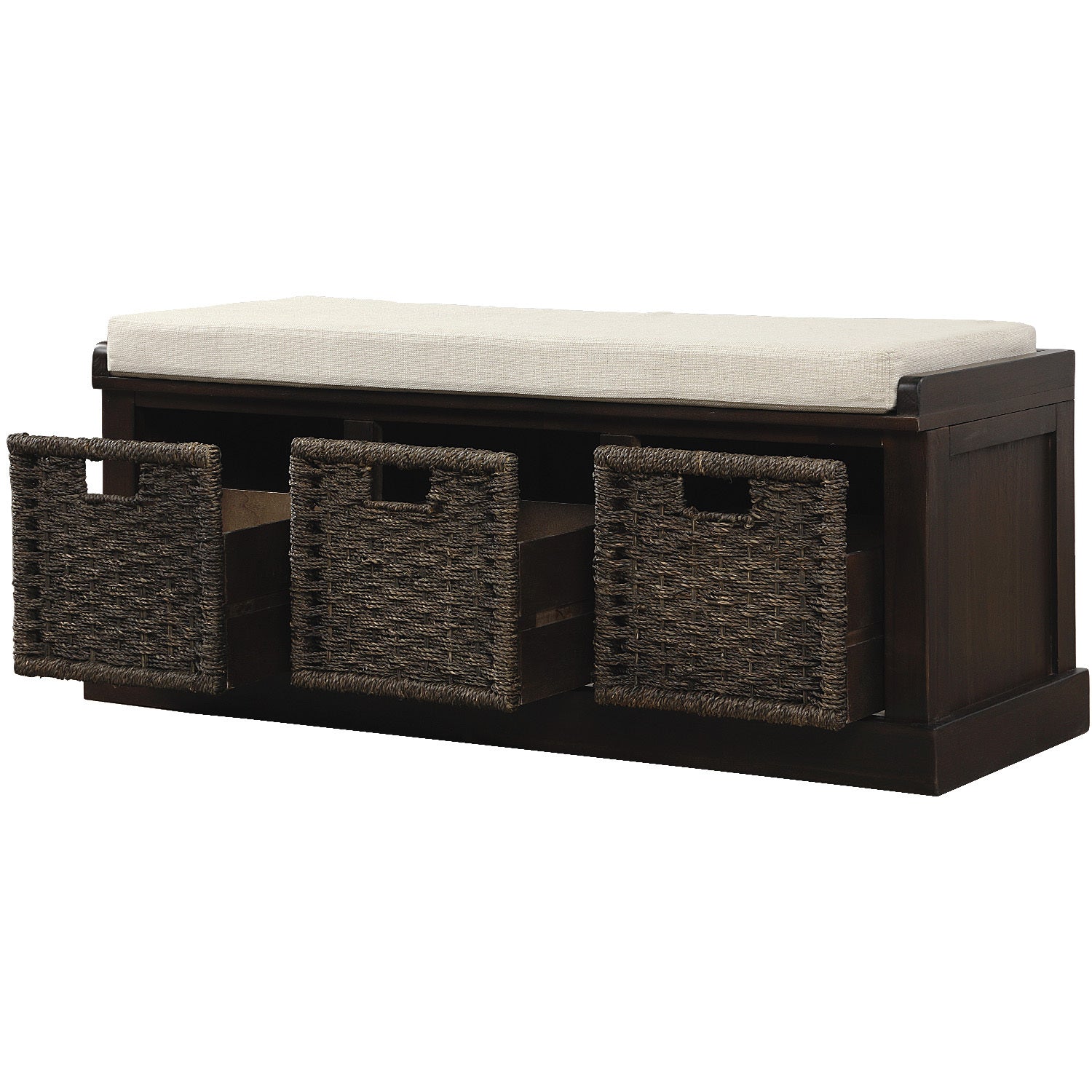 HAOYYE Rustic Storage Bench with 3 Removable Classic Rattan Basket , Entryway Bench with Removable Cushion (Espresso) Sturdy Space-Saving Heavy Duty Modern Design Easy Assembly Durable Stylish