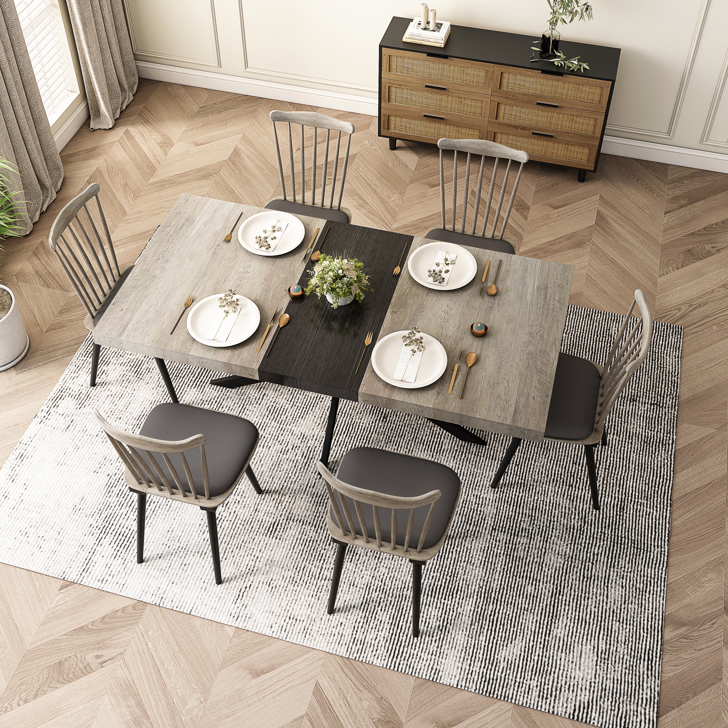 HAOYYE Retro Rectangular Extendable Dining Table, Gray Carole Top with Black Embossed Center Plate, Sturdy Black Cross Iron Base, Modern Dining Table with Built-in Storage Box, Space-Saving Design for Dining Room, Kitchen, and Apartment, Easy Assembly