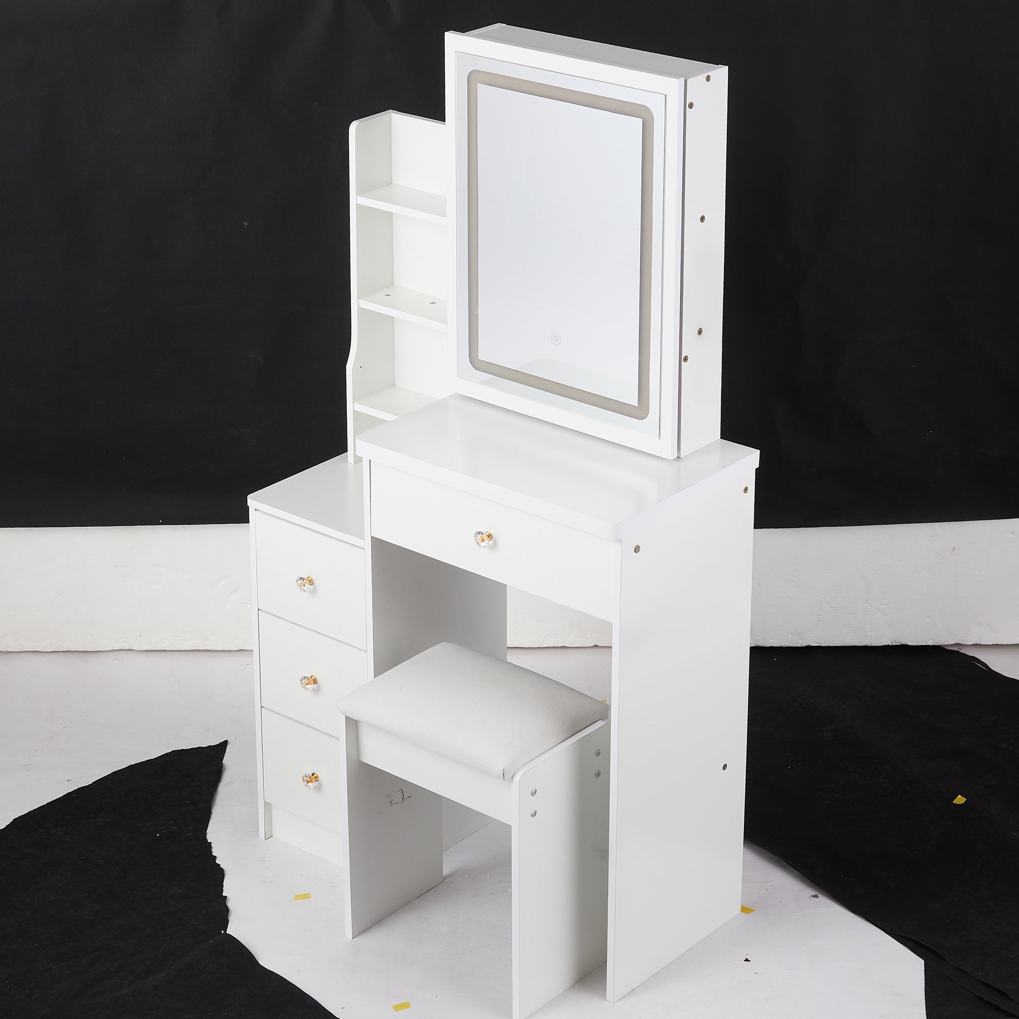HAOYYE Small Vanity Table Set With Touch Control Sliding LED Mirror, Tri-Color Switching, Adjustable Brightness, Multi-Layer Storage, Includes Cushioned Stool, Ideal For Compact Spaces, EPA, GCC, And UL Certified