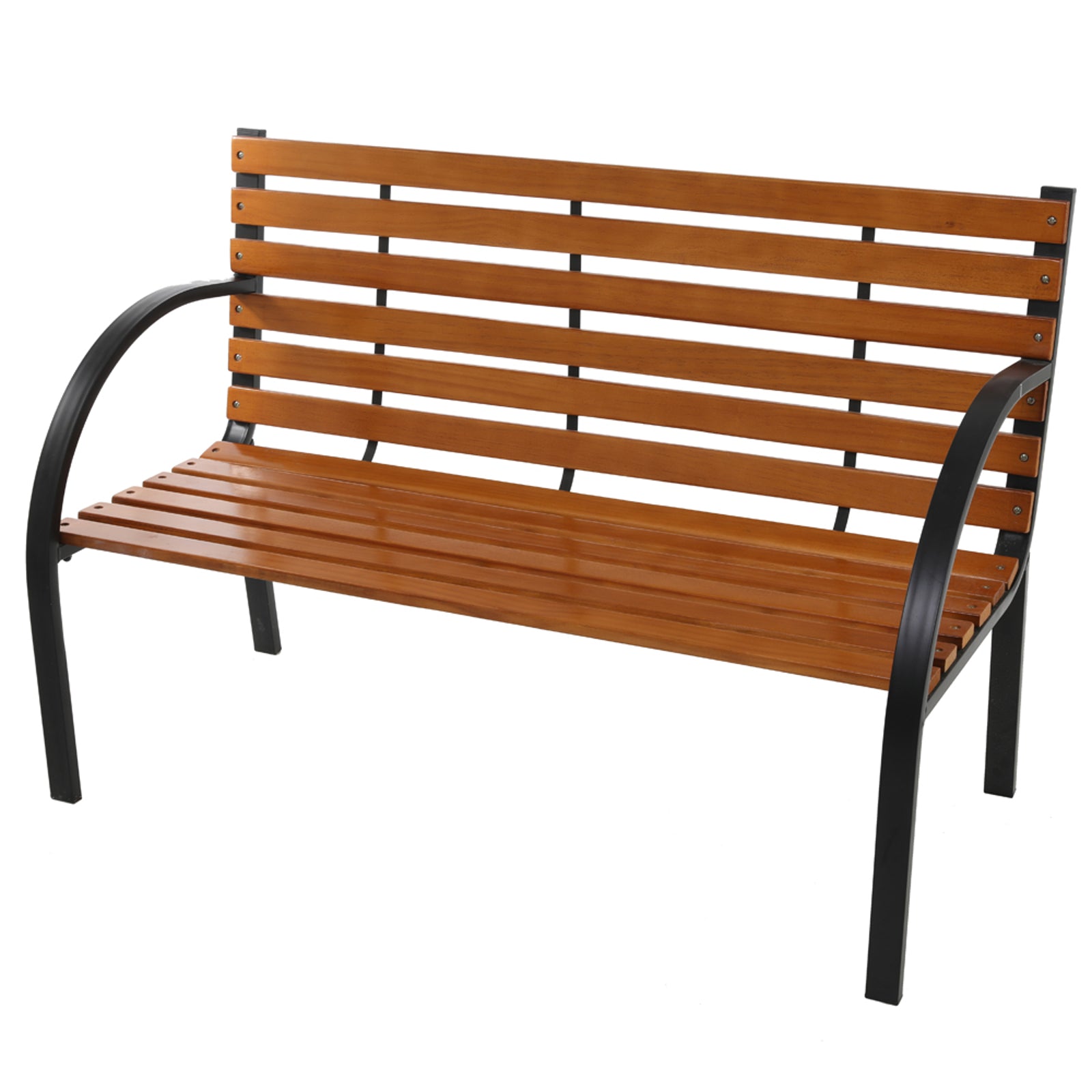 Haoyye Outdoor Patio Garden Bench with Slatted Hardwood Seat and Decorative Cast Iron Frame, Weather Resistant Park Style Seating for Porch, Lawn, Deck or Courtyard, Durable and Elegant Design for Home or Commercial Use