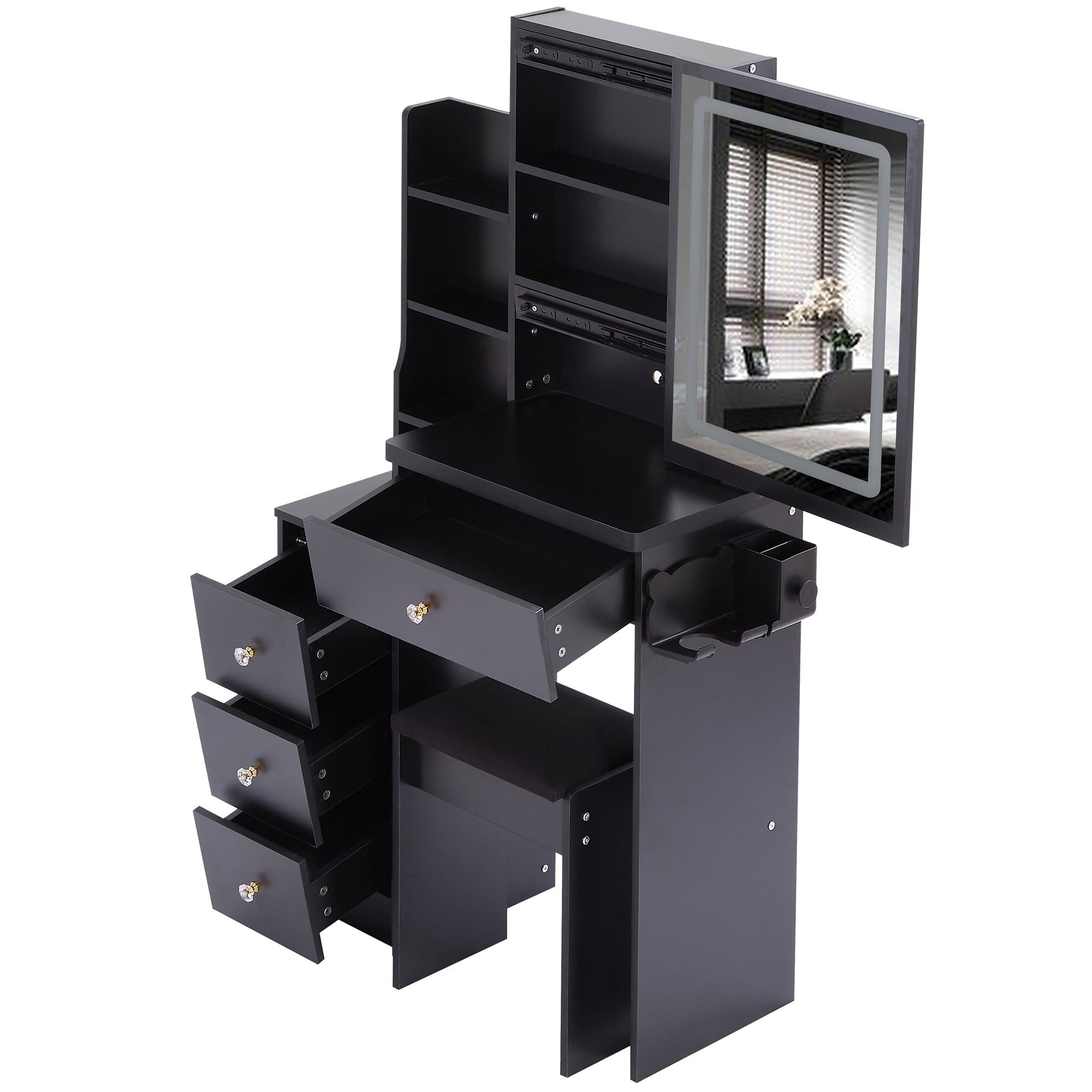 HAOYYE Small Size Left Bedside Cabinet Vanity Table + Cushioned Stool, 2 AC+2 USB Power Station, Hair dryer bracket, Extra Large Touch Control Sliding LED Mirror, Tri-color Switching, EPA,GCC,UL Certificate