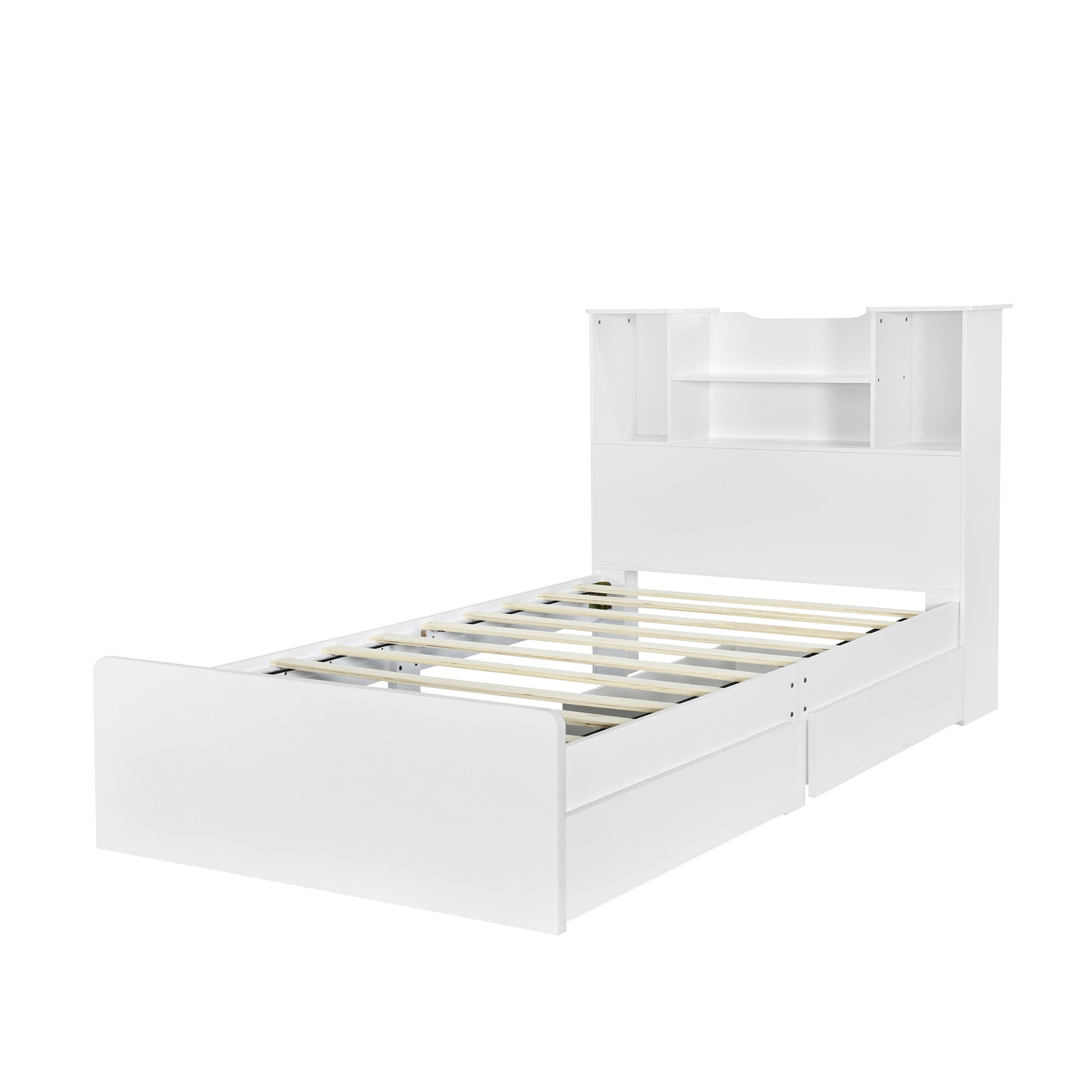 HAOYYE Twin Size Storage Platform Bed Frame with 4 Open Storage Shelves and 2 Drawers, LED Lights, White, Sturdy Space-Saving Heavy Duty Design, Easy Assembly, Ideal for Adults and Dorm Rooms