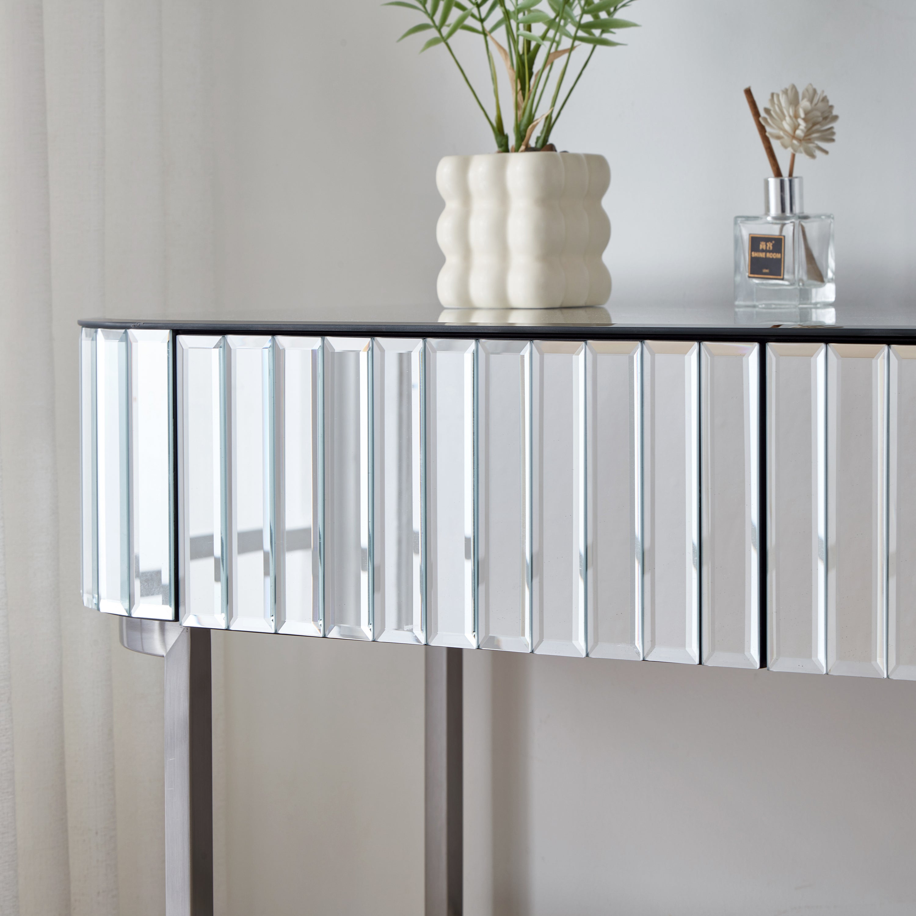 HAOYYE 39" Mirrored Makeup Vanity Table with Stainless Steel Base, Mirrored Console Dressing Table with 2 Drawers,Versatile Desk for Bedroom and Office, Silver