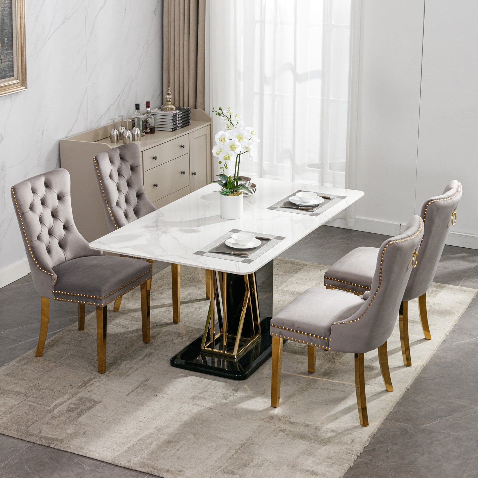 HAOYYE High-end Tufted Solid Wood Contemporary Velvet Upholstered Dining Chair with Golden Stainless Steel Plating Legs,Nailhead Trim,Set of 2,Gray and Gold, SW1601GY Sturdy Durable