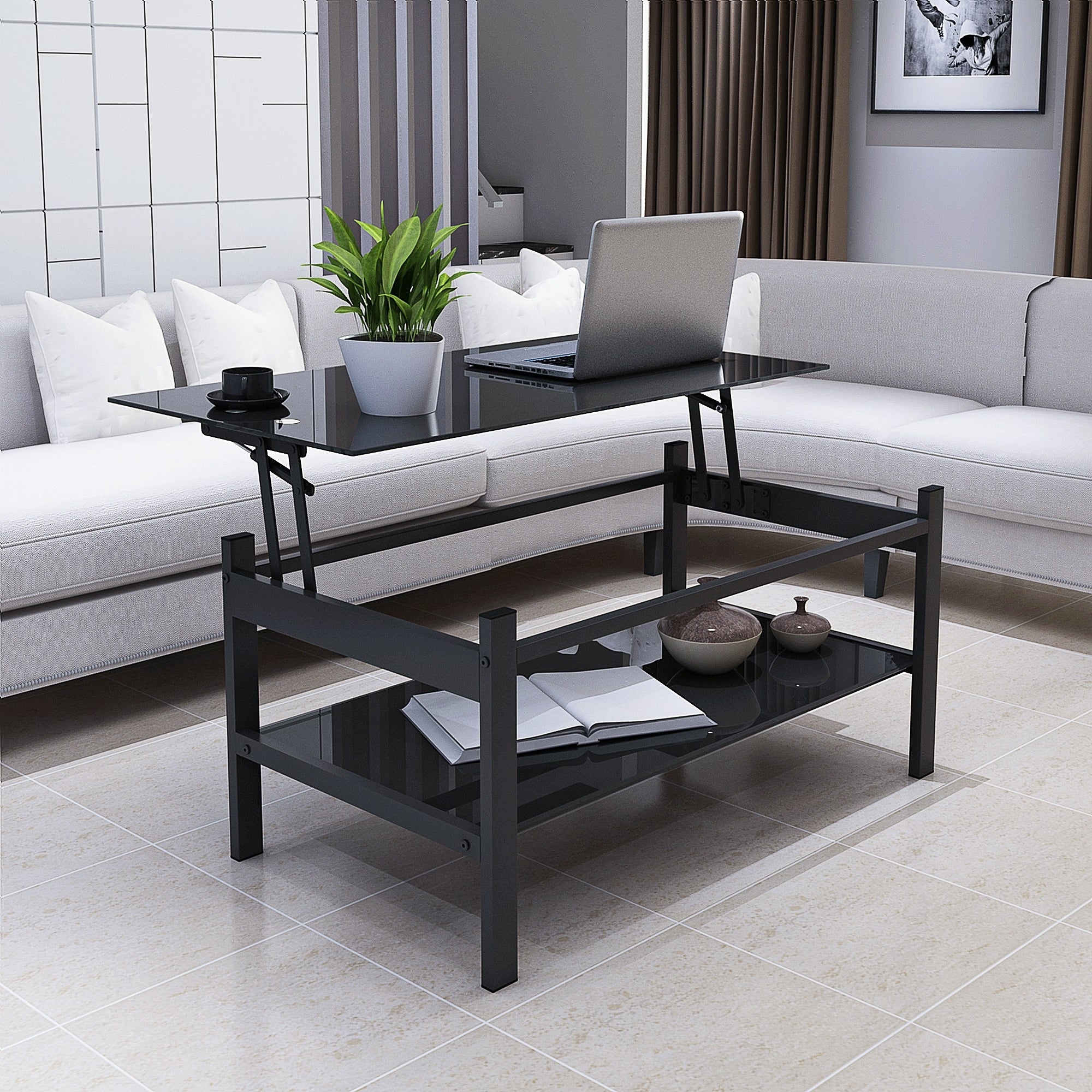 HAOYYE Glass Lift Top Coffee Table, Modern Simple 2-Layer Tempered Glass Coffee Table for Living Room, Black Sturdy Space-Saving Heavy Duty Modern Design Adults Dorm Room Easy Assembly Bedroom Furniture