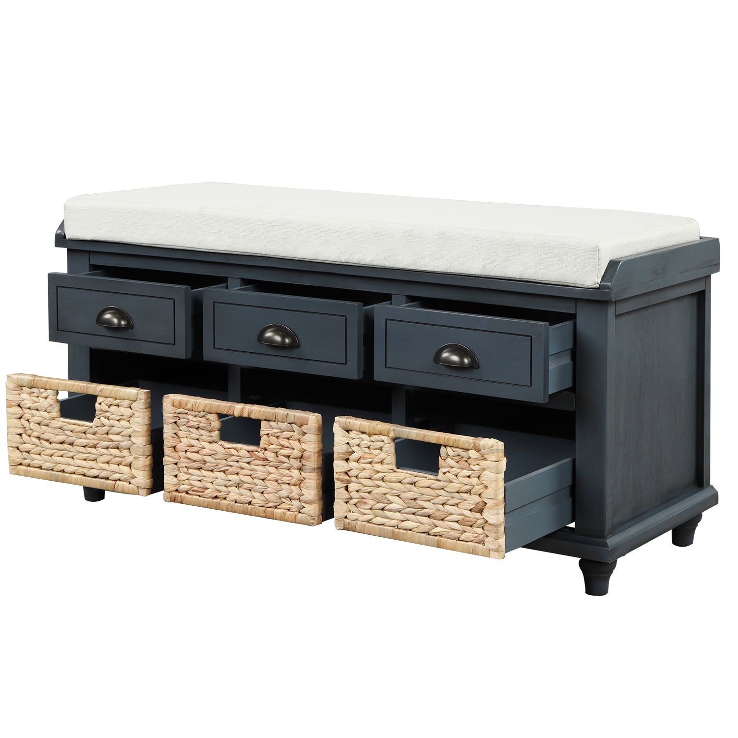 HAOYYE Rustic Storage Bench with Three Drawers and Three Rattan Baskets, Shoe Bench for Living Room or Entryway, Antique Navy, Sturdy Space-Saving Design, Heavy Duty Construction, Easy Assembly, Durable and Stylish Home Furniture